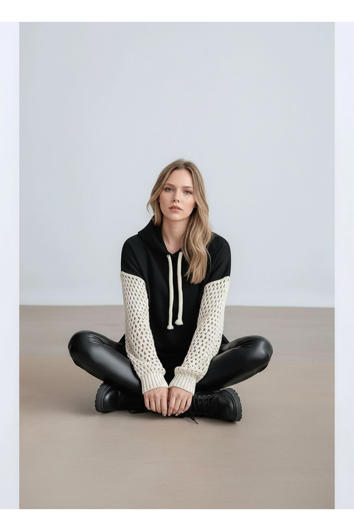 Kadın Kolları Örgü Triko Şık Tasarım Oversize Tunik Boy Zümrüt Yeşili Sweatshirt Kazak