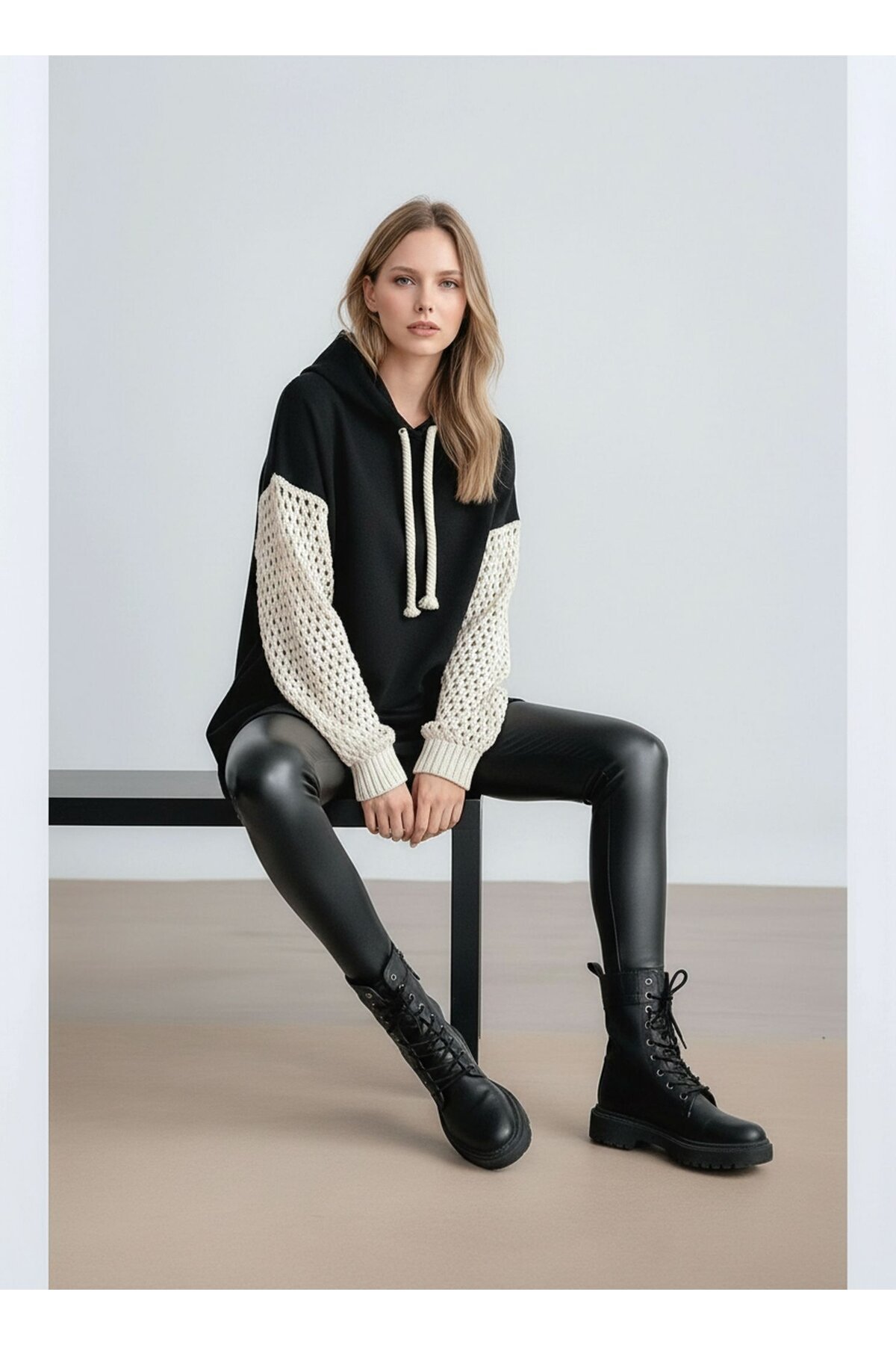 Kadın Kolları Örgü Triko Şık Tasarım Oversize Tunik Boy Zümrüt Yeşili Sweatshirt Kazak