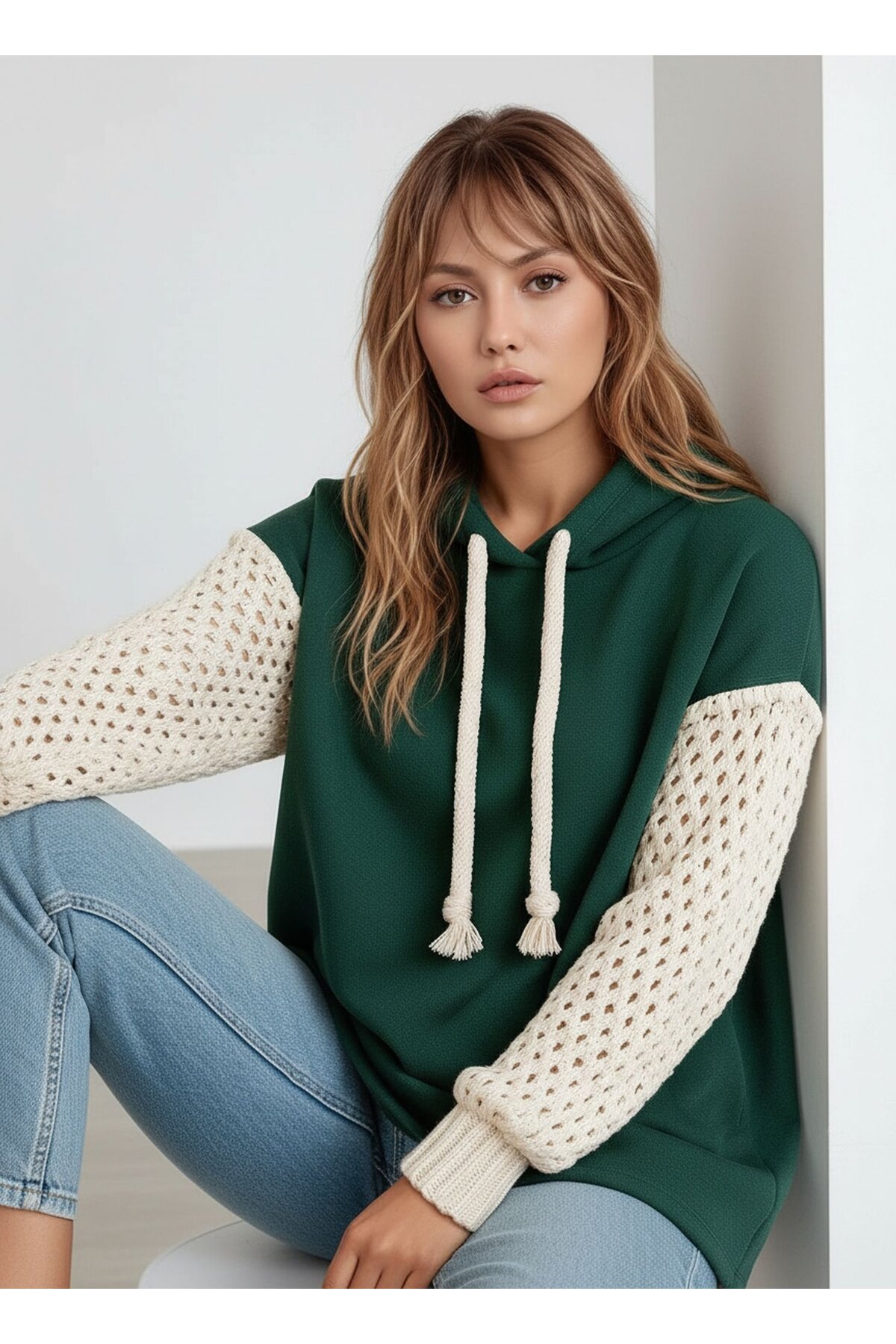 Kadın Kolları Örgü Triko Şık Tasarım Oversize Tunik Boy Zümrüt Yeşili Sweatshirt Kazak