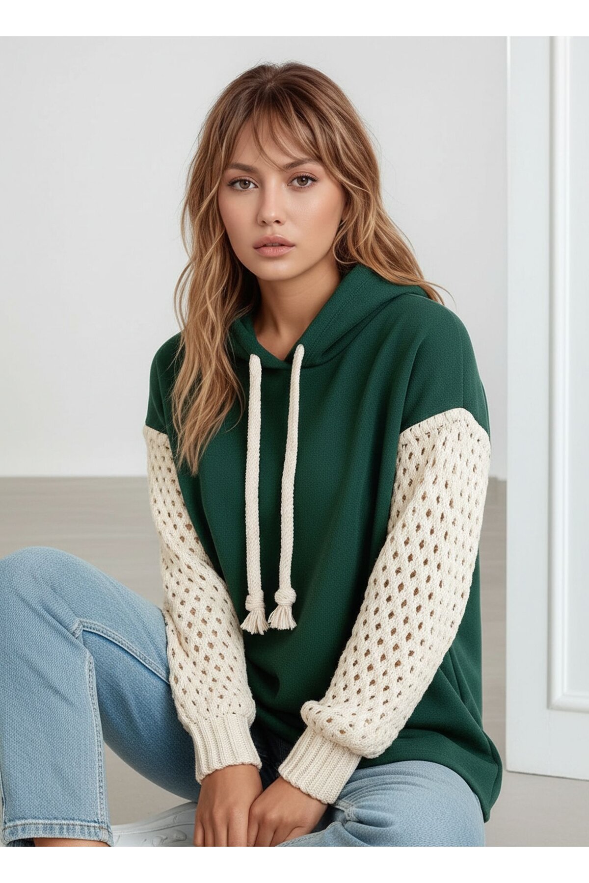 Kadın Kolları Örgü Triko Şık Tasarım Oversize Tunik Boy Zümrüt Yeşili Sweatshirt Kazak