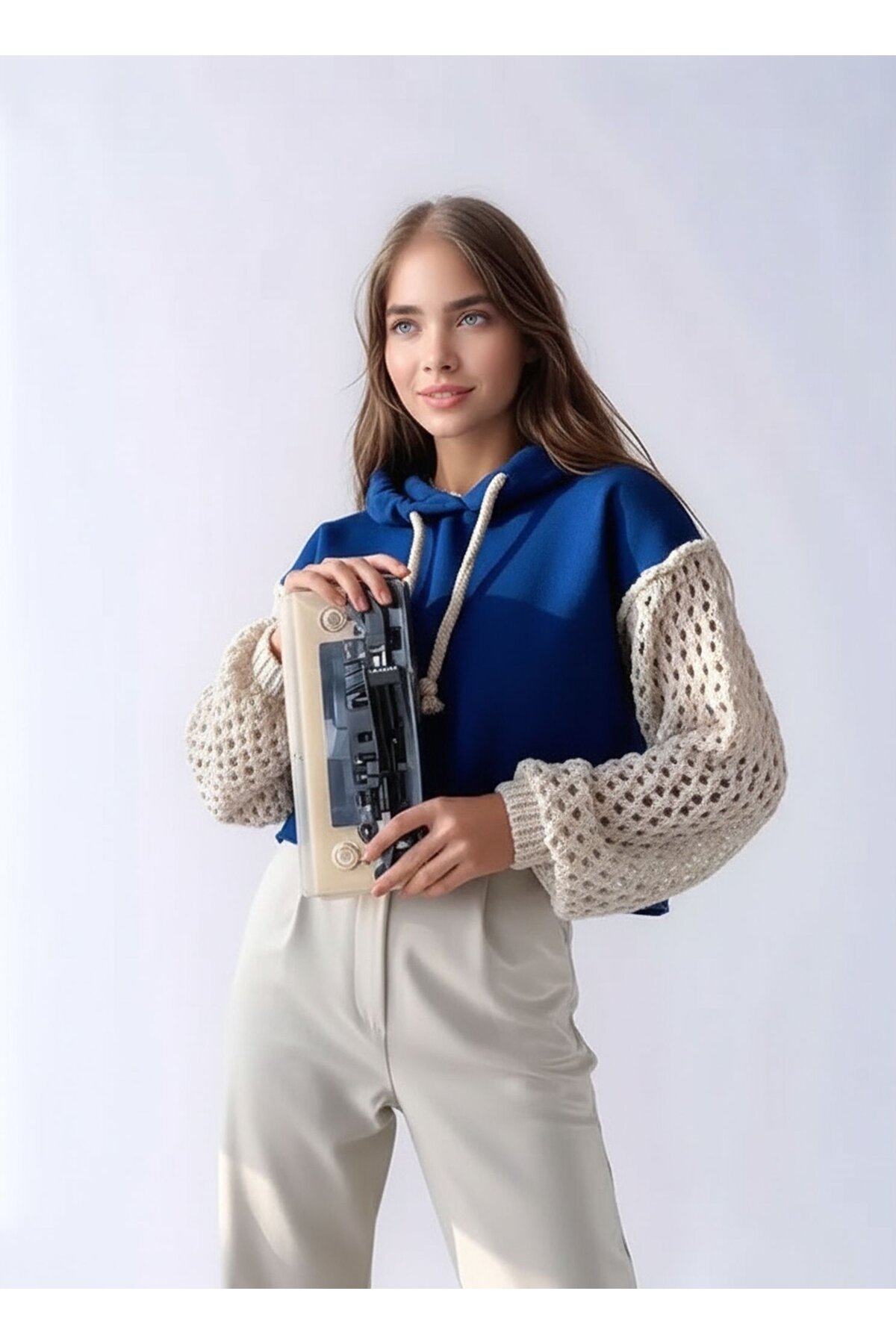 Kadın Kolları Örgü Triko Süper Şık Tasarım Oversize Crop Boy Saks Mavi Sweatshirt