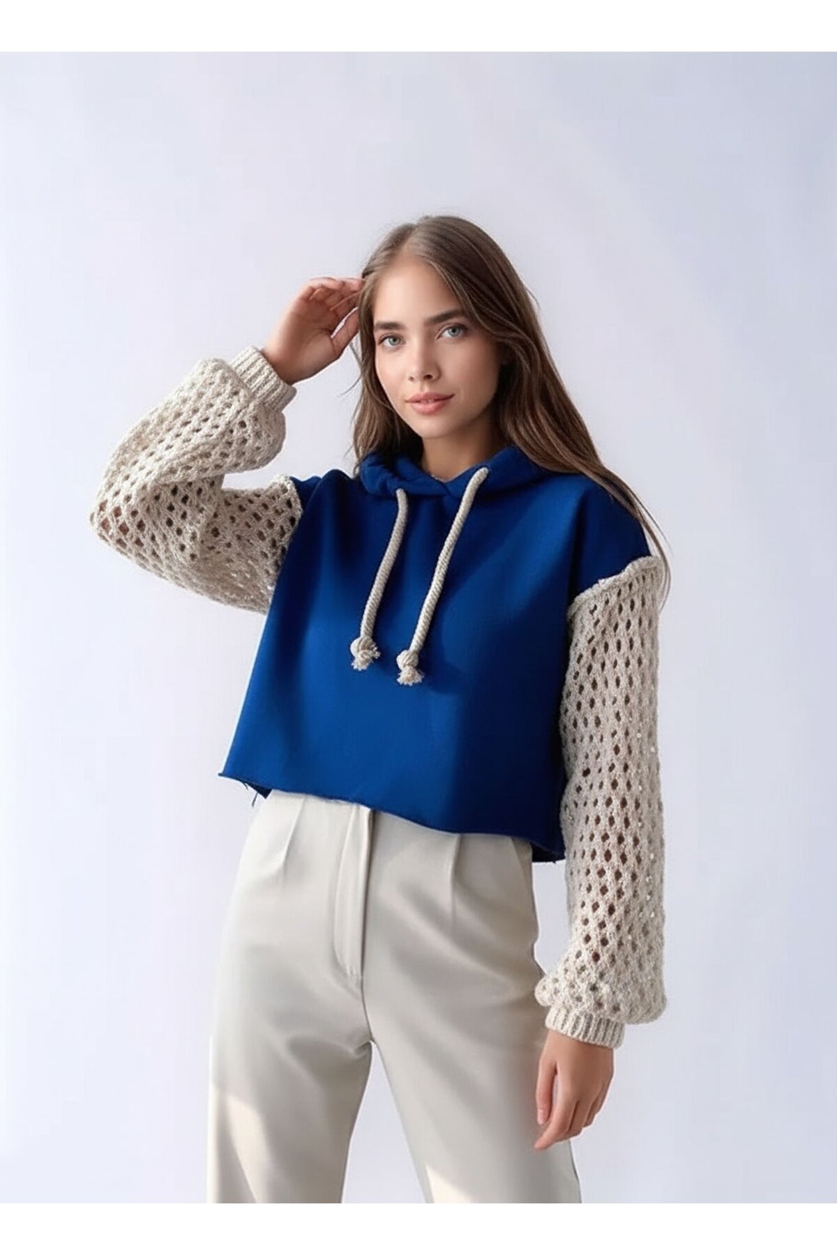 Kadın Kolları Örgü Triko Süper Şık Tasarım Oversize Crop Boy Saks Mavi Sweatshirt