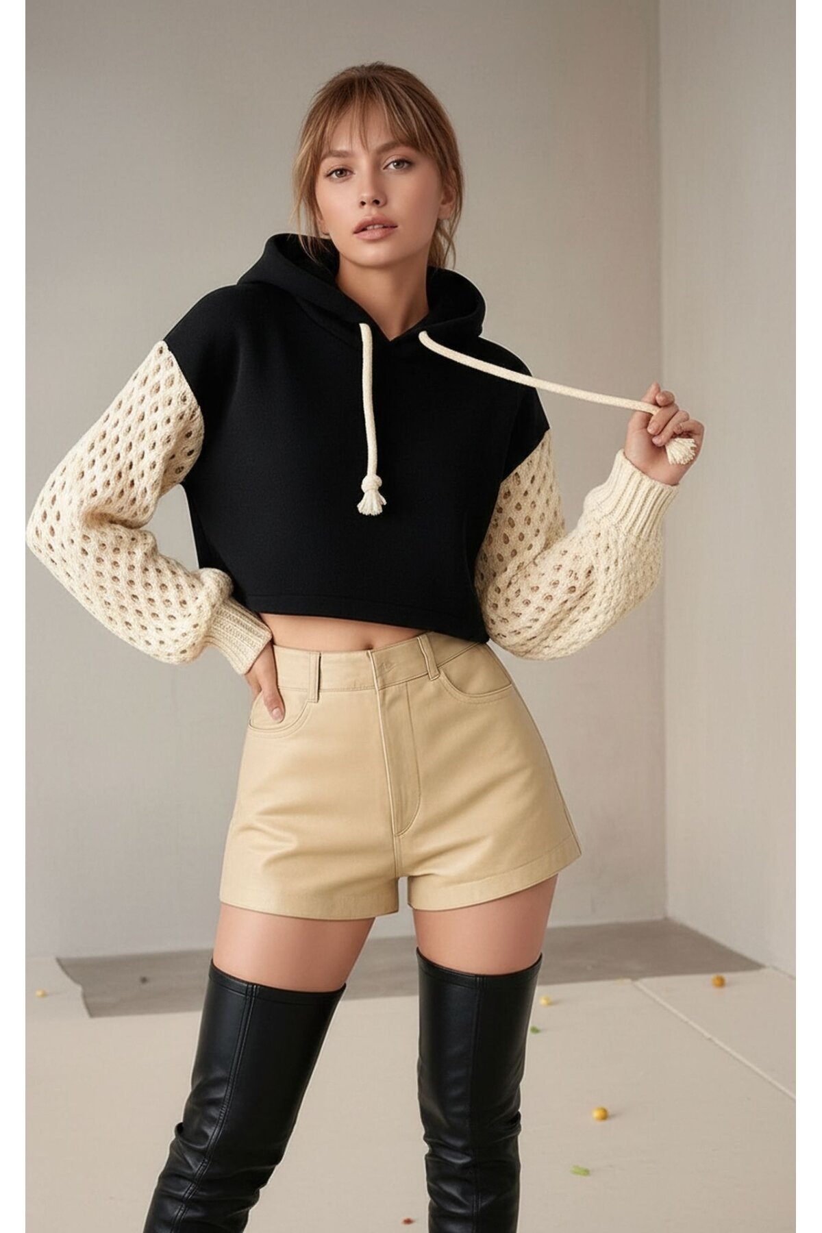 Kadın Kolları Triko 3iplik Şık Tasarım Geniş Kalıp Crop Boy Kapüşonlu Sweatshirt Kazak