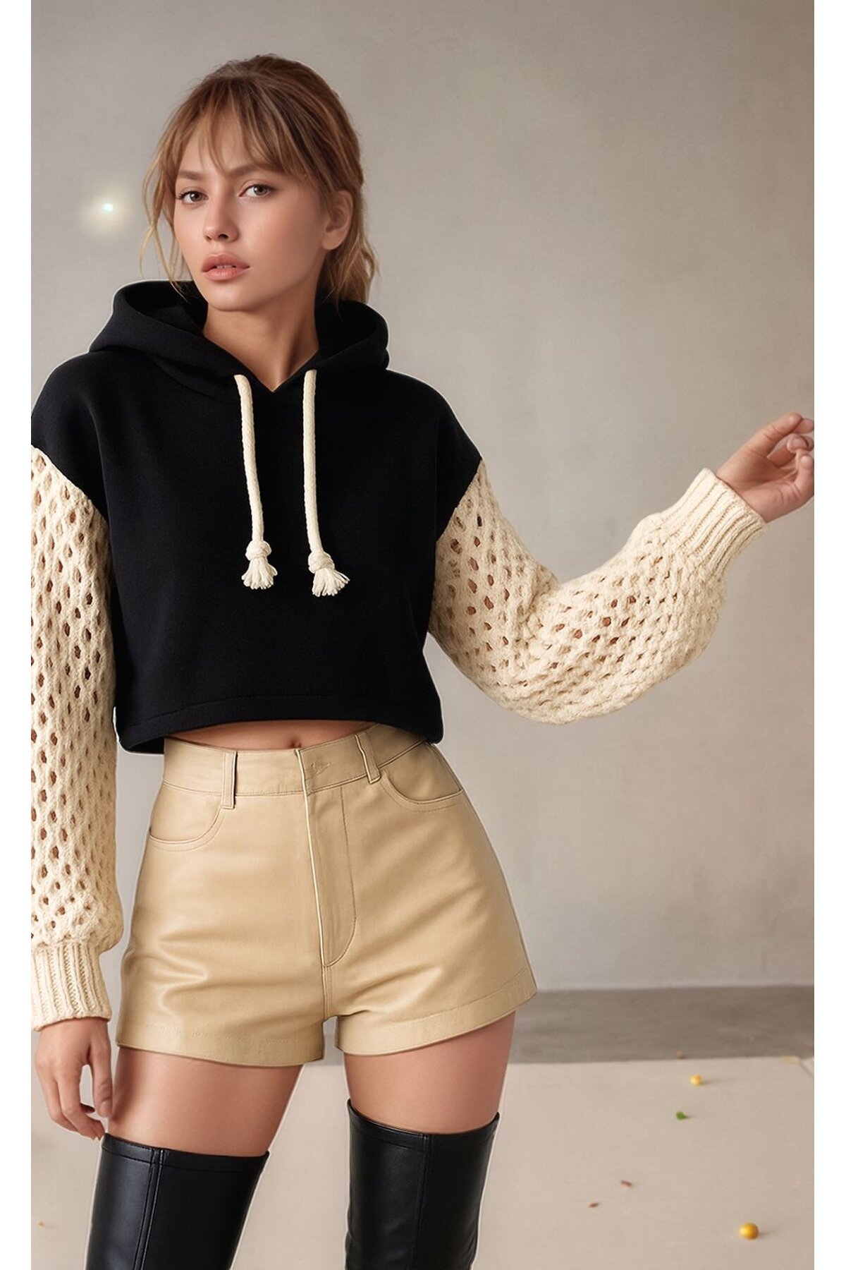 Kadın Kolları Triko 3iplik Şık Tasarım Geniş Kalıp Crop Boy Kapüşonlu Sweatshirt Kazak