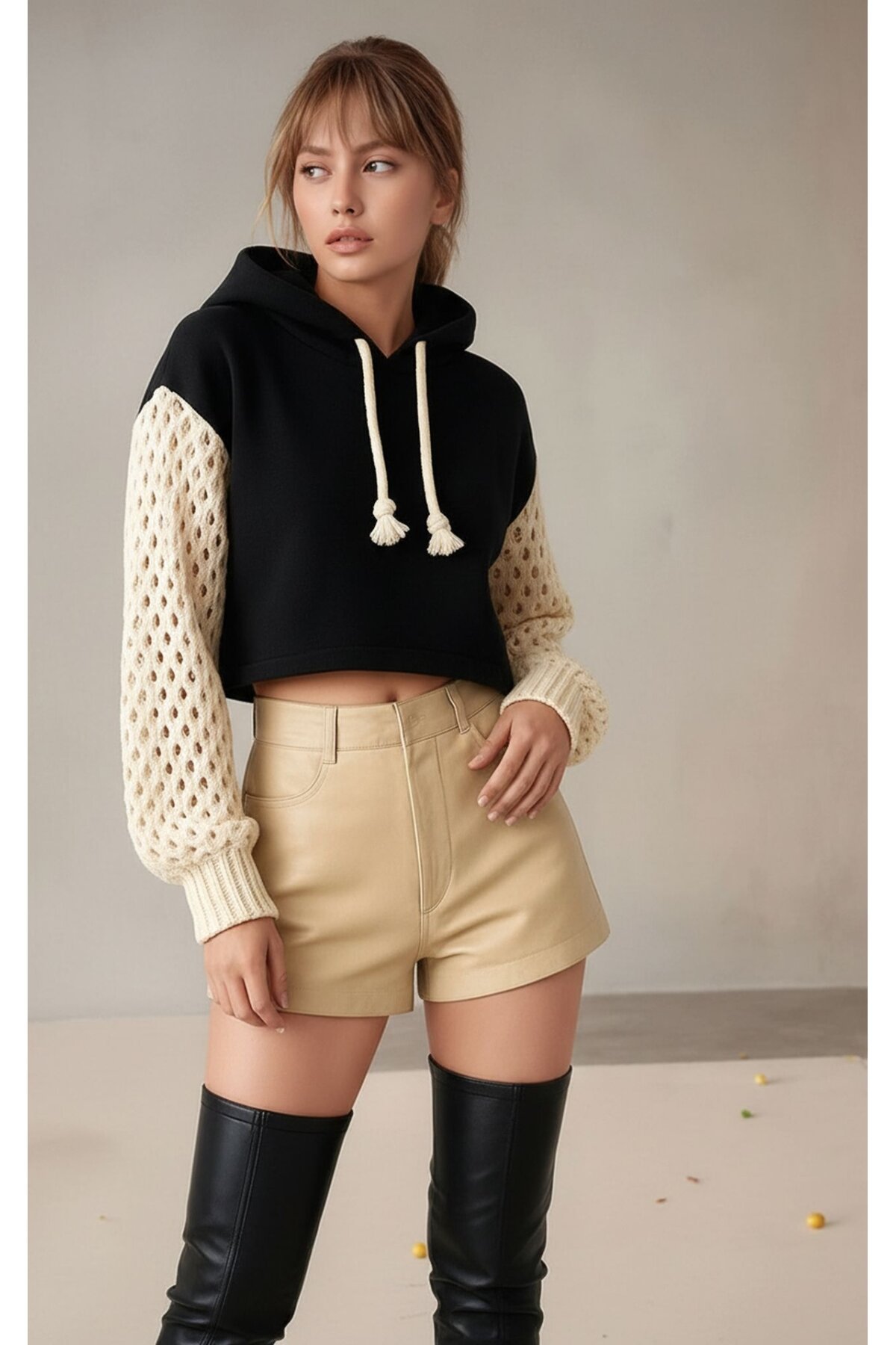 Kadın Kolları Triko 3iplik Şık Tasarım Geniş Kalıp Crop Boy Kapüşonlu Sweatshirt Kazak