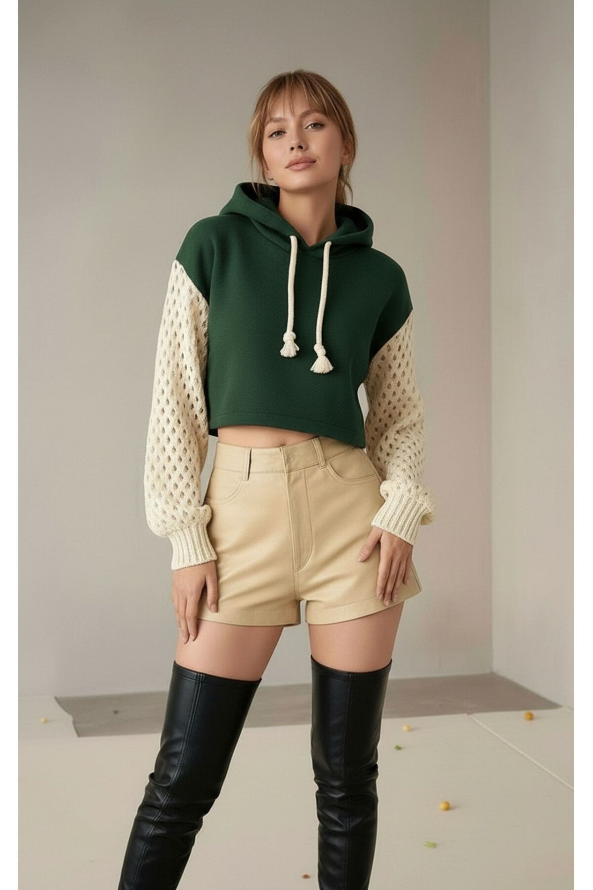 Kadın Kolları Triko 3iplik Şık Tasarım Geniş Kalıp Crop Boy Kapüşonlu Sweatshirt Kazak