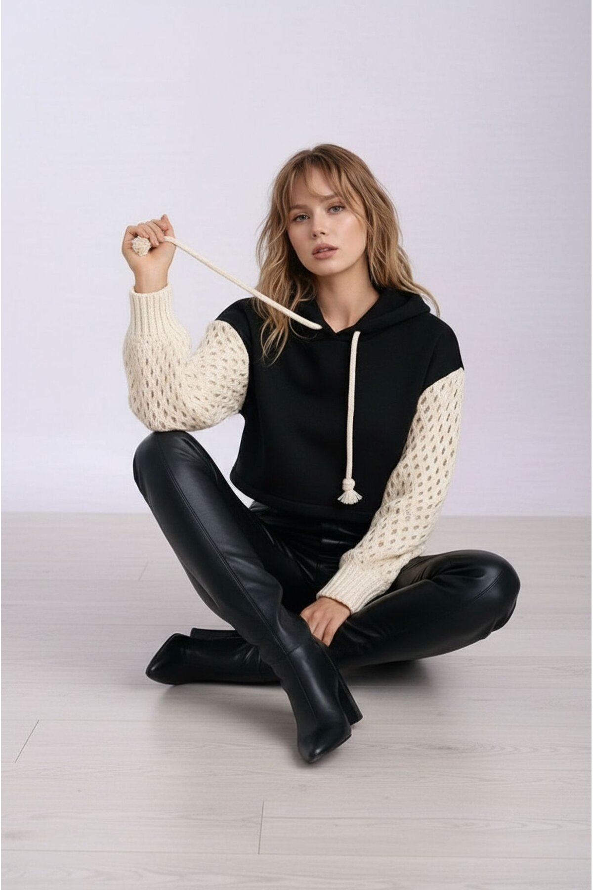 Kadın Kolları Triko File Örgü Şık Tasarım Crop Boy Kapüşonlu Sweatshirt Design Kazak