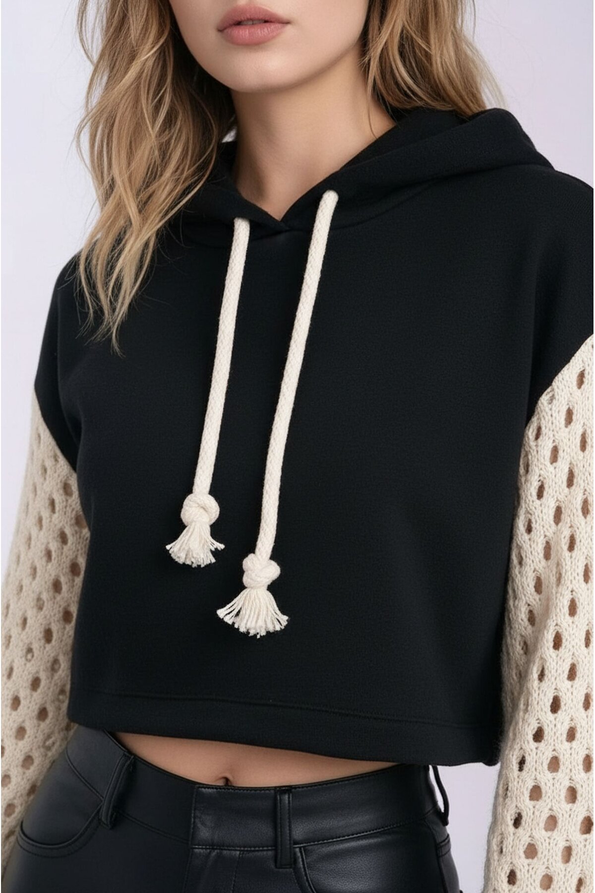 Kadın Kolları Triko File Örgü Şık Tasarım Crop Boy Kapüşonlu Sweatshirt Design Kazak