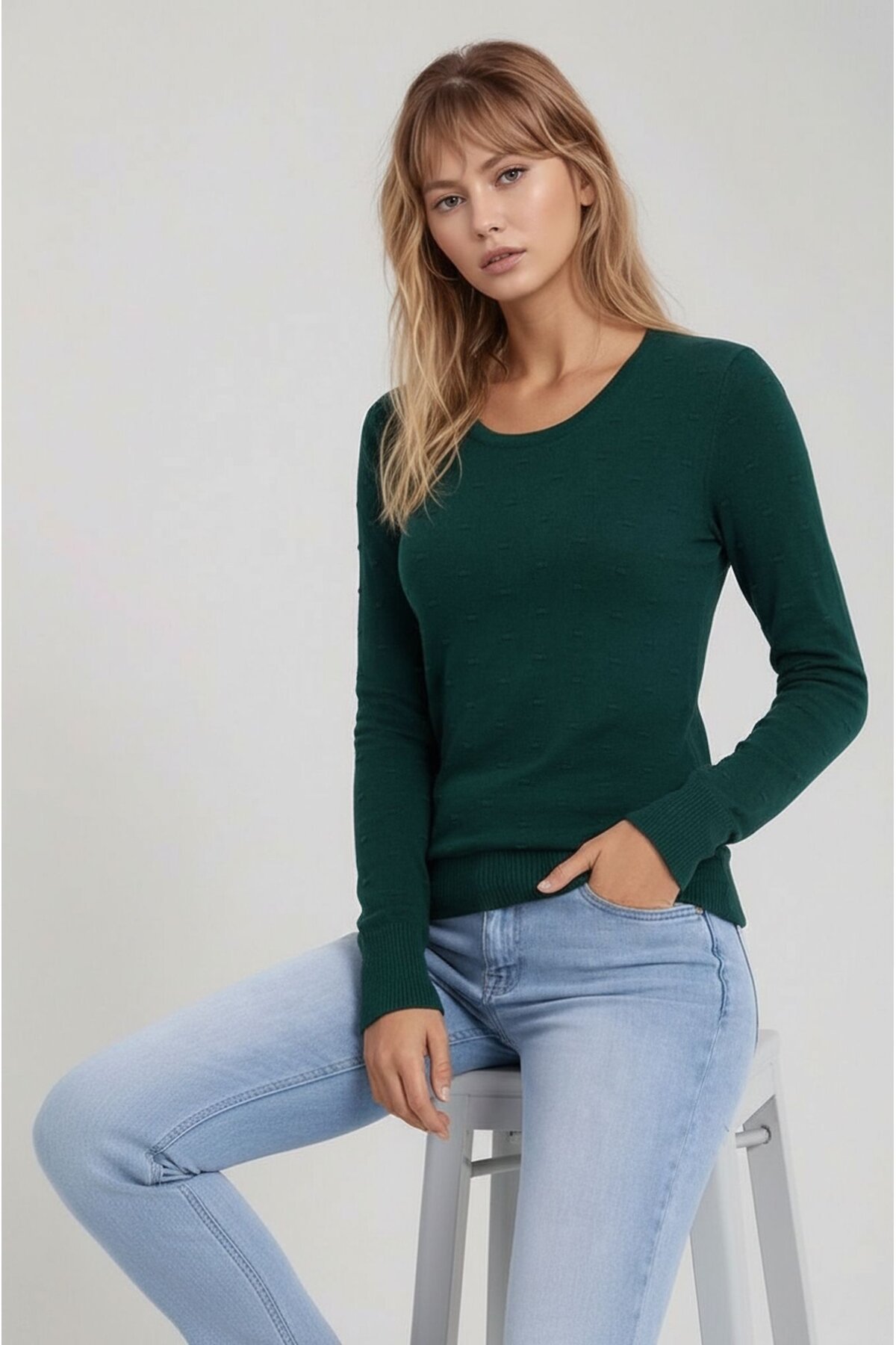 Kadın Kolları Uzun Kendinden Dokulu Bisiklet Yaka Bluz Boy Şık Kışlık Triko  Kazak