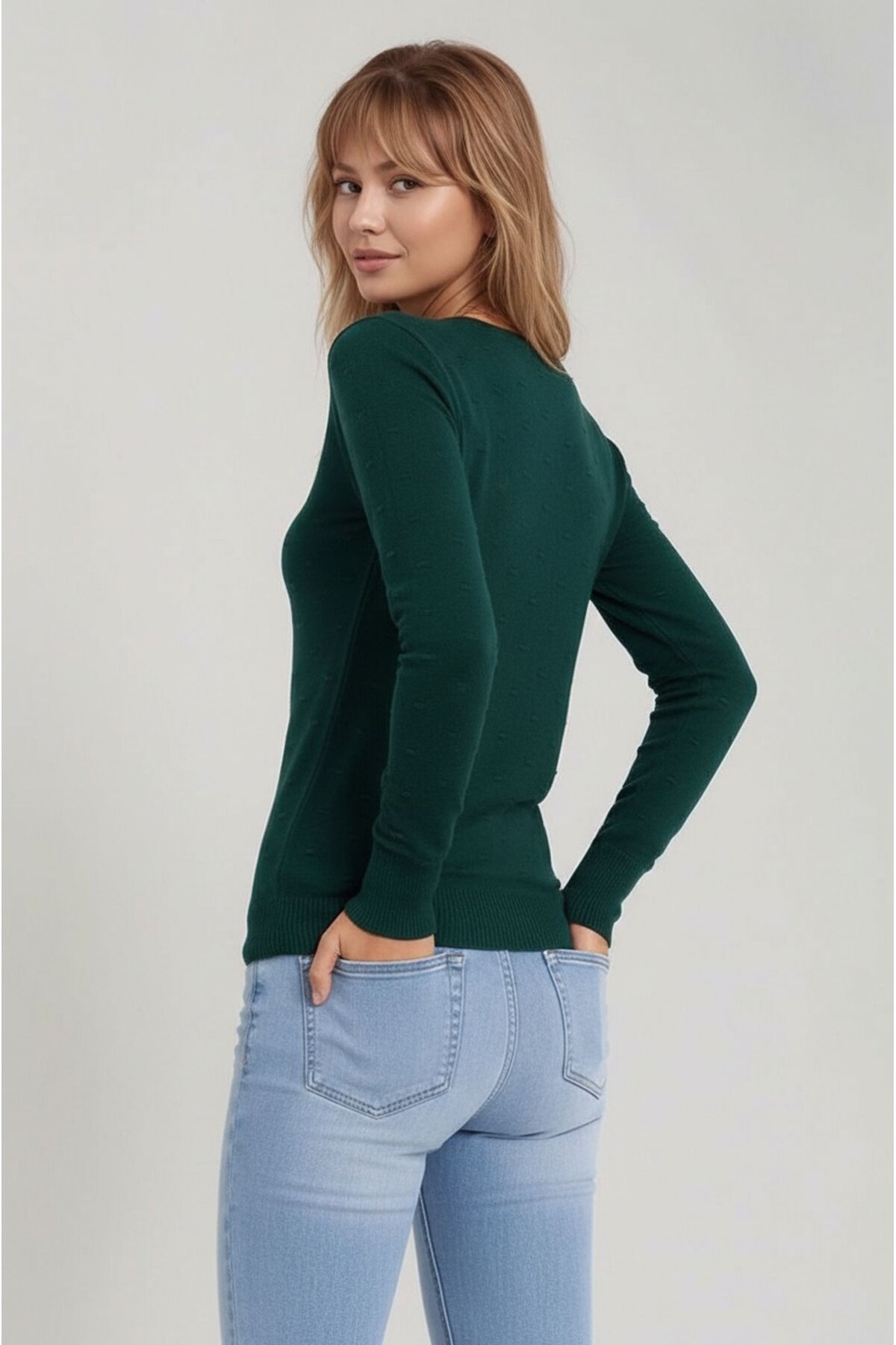 Kadın Kolları Uzun Kendinden Dokulu Bisiklet Yaka Bluz Boy Şık Kışlık Triko  Kazak