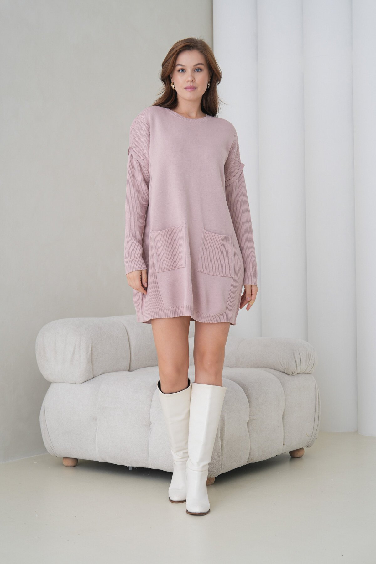 Kadın Kolları Uzun Kendinden Dokulu Bisiklet Yaka Tunik Boy Şık Kışlık Triko Kazak Cepli Elbise