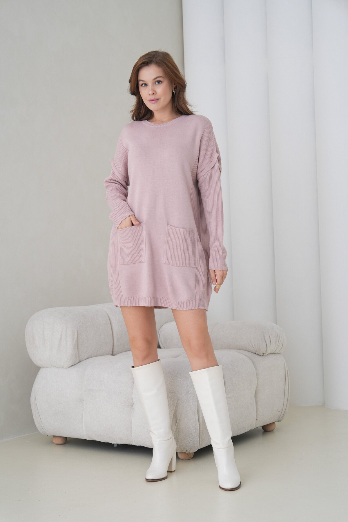 Kadın Kolları Uzun Kendinden Dokulu Bisiklet Yaka Tunik Boy Şık Kışlık Triko Kazak Cepli Elbise