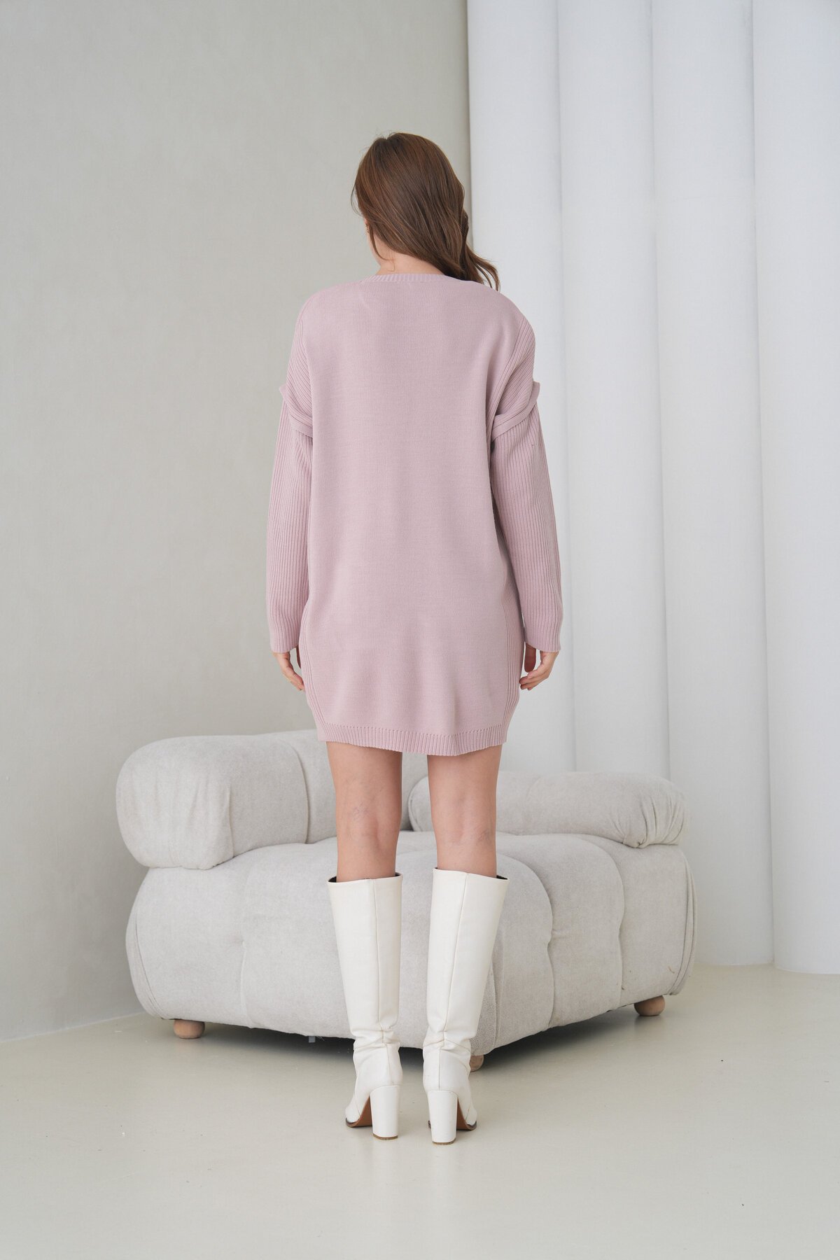 Kadın Kolları Uzun Kendinden Dokulu Bisiklet Yaka Tunik Boy Şık Kışlık Triko Kazak Cepli Elbise