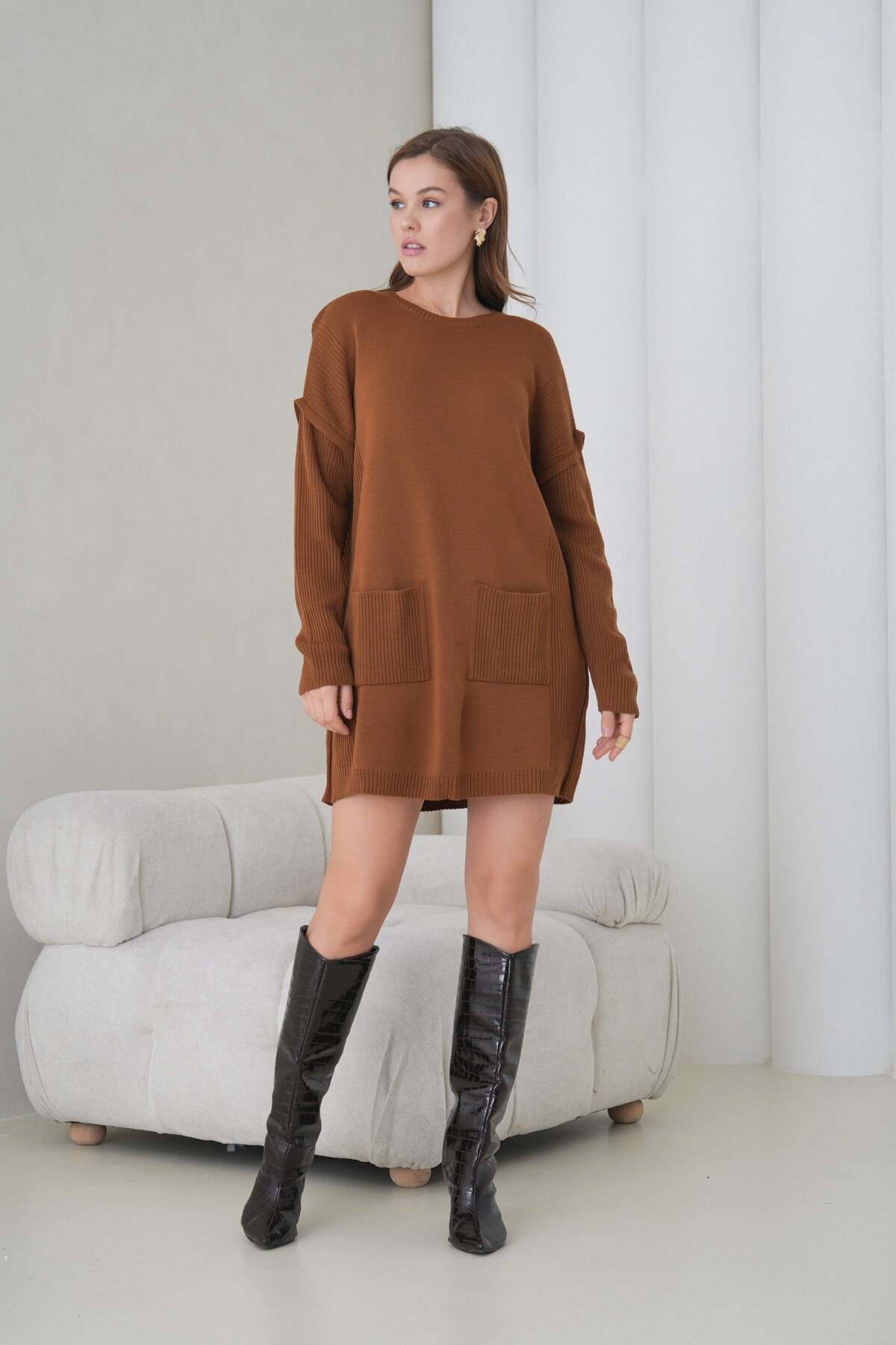 Kadın Kolları Uzun Kendinden Dokulu Bisiklet Yaka Tunik Boy Şık Kışlık Triko Kazak Cepli Elbise