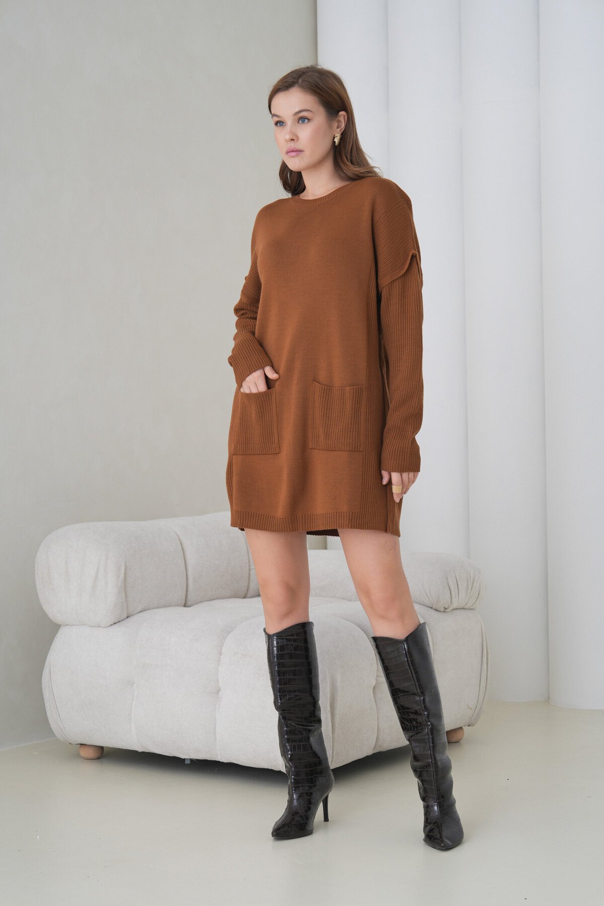 Kadın Kolları Uzun Kendinden Dokulu Bisiklet Yaka Tunik Boy Şık Kışlık Triko Kazak Cepli Elbise