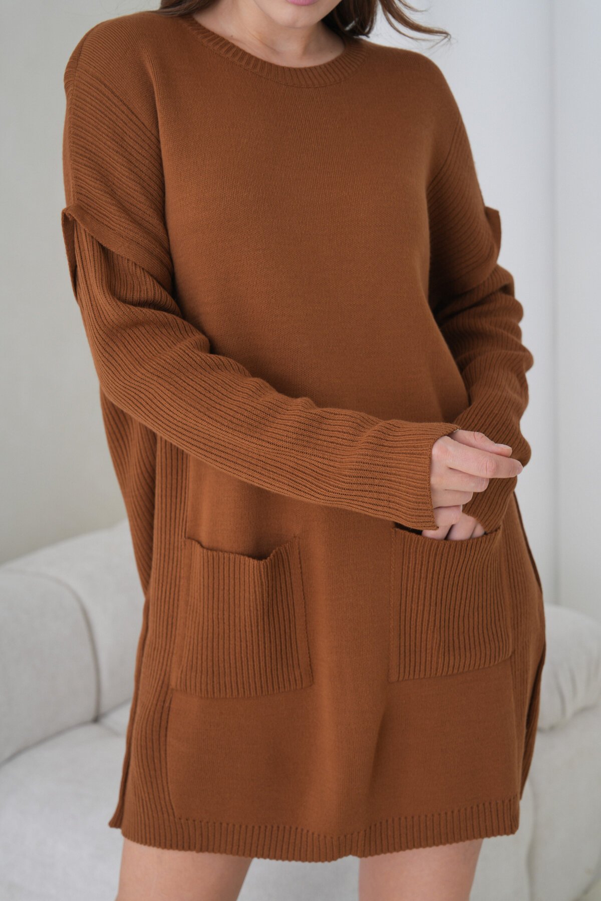 Kadın Kolları Uzun Kendinden Dokulu Bisiklet Yaka Tunik Boy Şık Kışlık Triko Kazak Cepli Elbise