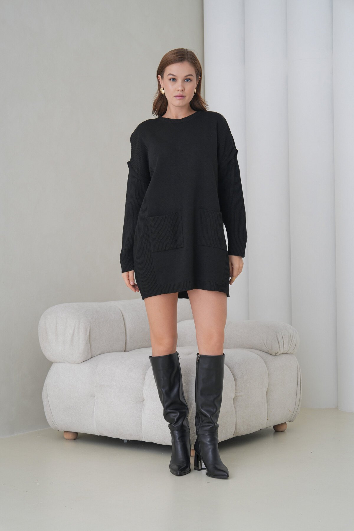 Kadın Kolları Uzun Kendinden Dokulu Bisiklet Yaka Tunik Boy Şık Kışlık Triko Kazak Cepli Elbise