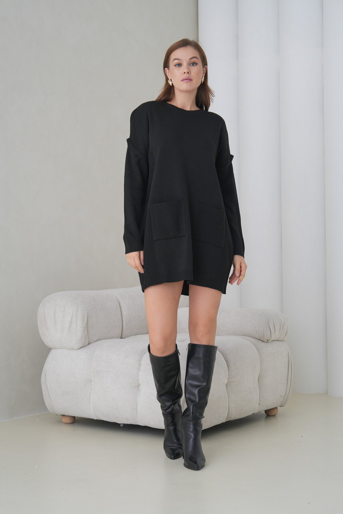 Kadın Kolları Uzun Kendinden Dokulu Bisiklet Yaka Tunik Boy Şık Kışlık Triko Kazak Cepli Elbise