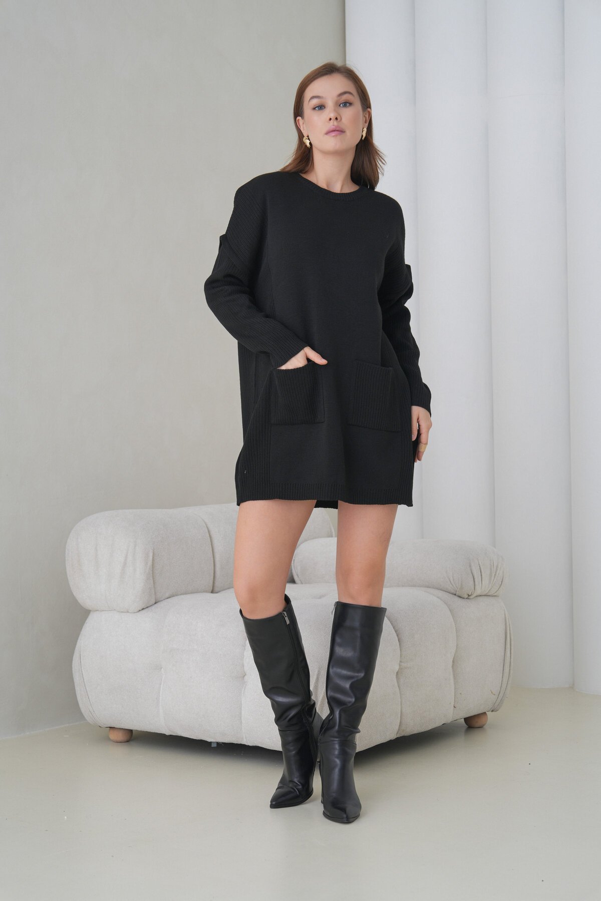 Kadın Kolları Uzun Kendinden Dokulu Bisiklet Yaka Tunik Boy Şık Kışlık Triko Kazak Cepli Elbise