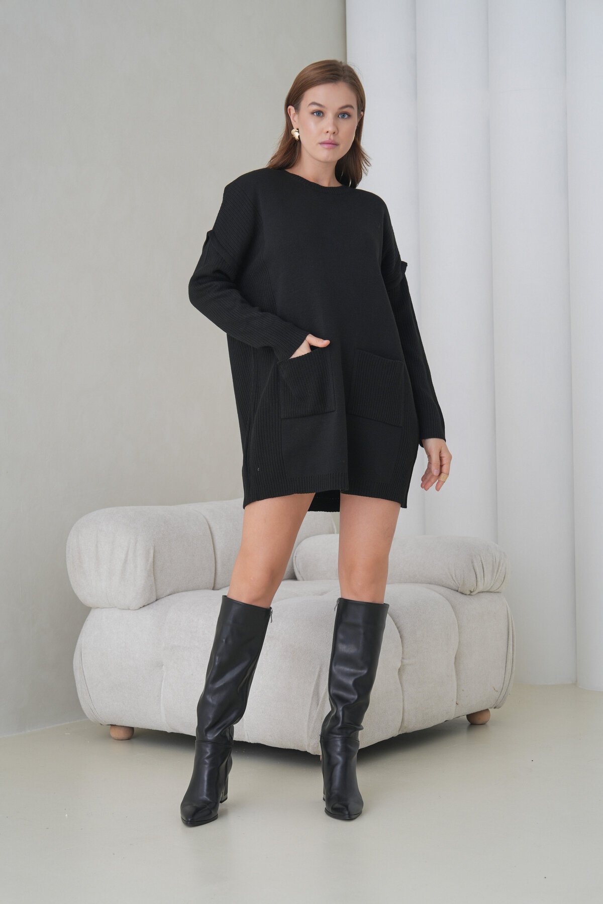 Kadın Kolları Uzun Kendinden Dokulu Bisiklet Yaka Tunik Boy Şık Kışlık Triko Kazak Cepli Elbise