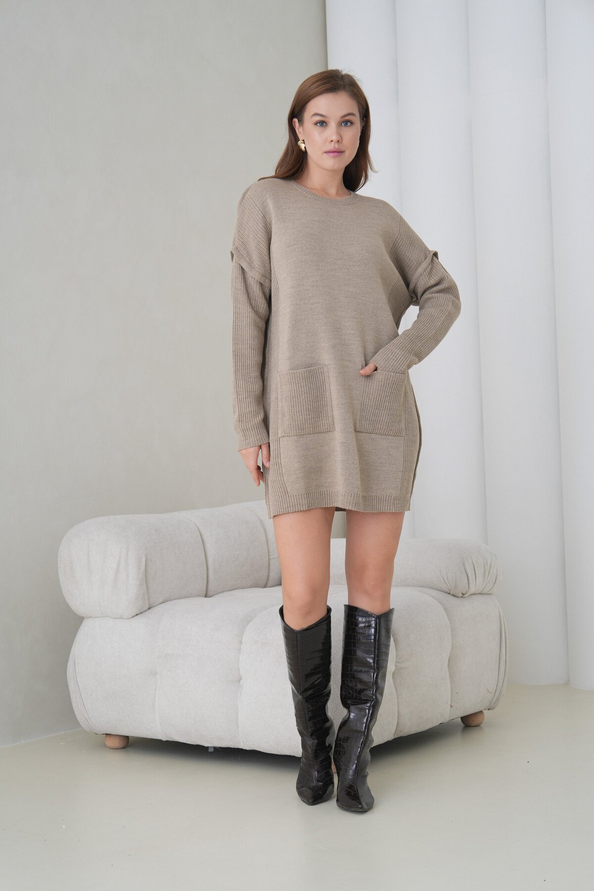 Kadın Kolları Uzun Kendinden Dokulu Bisiklet Yaka Tunik Boy Şık Kışlık Triko Kazak Cepli Elbise