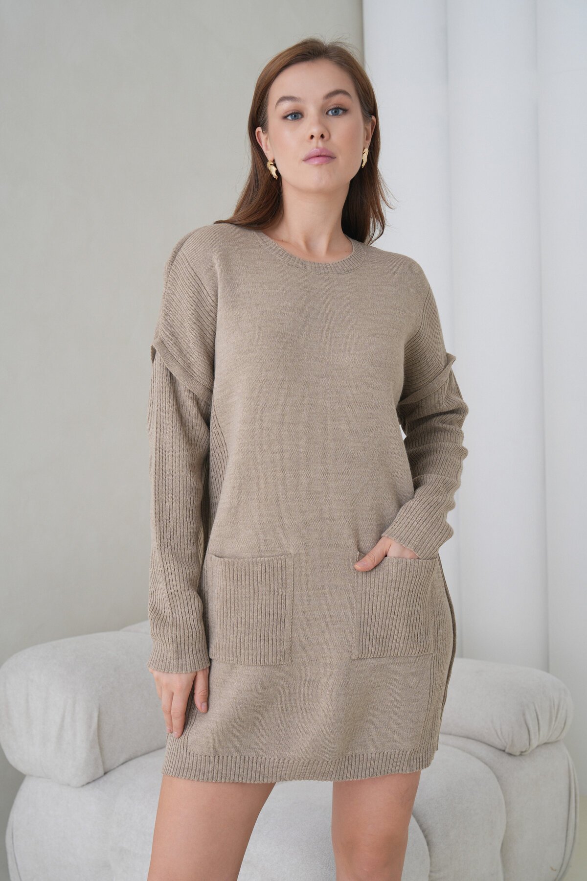 Kadın Kolları Uzun Kendinden Dokulu Bisiklet Yaka Tunik Boy Şık Kışlık Triko Kazak Cepli Elbise