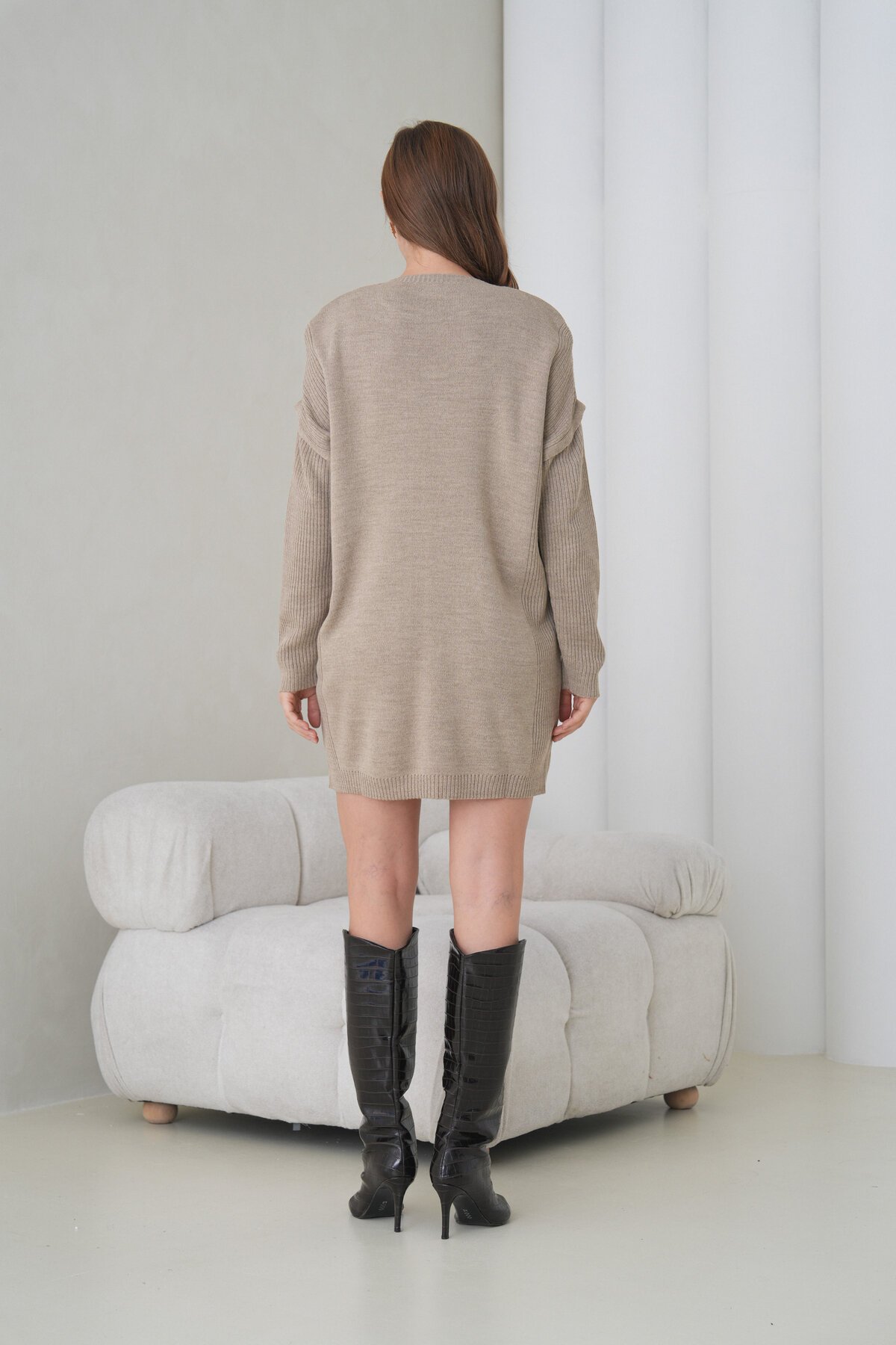 Kadın Kolları Uzun Kendinden Dokulu Bisiklet Yaka Tunik Boy Şık Kışlık Triko Kazak Cepli Elbise