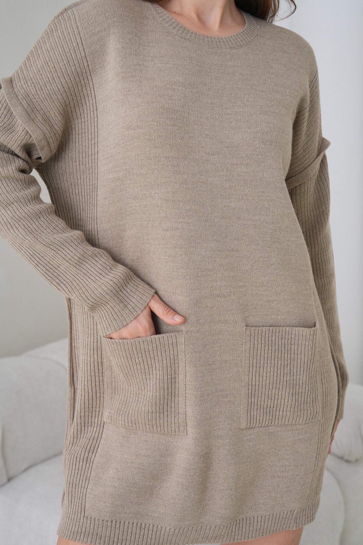 Kadın Kolları Uzun Kendinden Dokulu Bisiklet Yaka Tunik Boy Şık Kışlık Triko Kazak Cepli Elbise