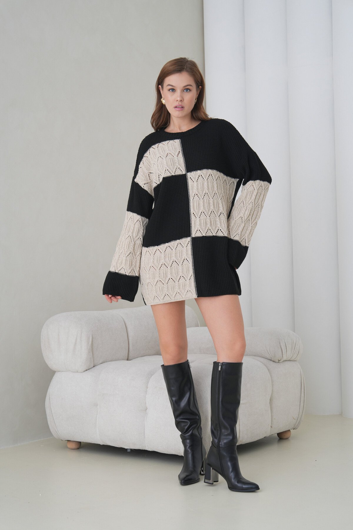 Kadın Kolları Uzun Kendinden Dokulu Bisiklet Yaka Tunik Boy Şık Kışlık Triko Kazak Cepli Elbise