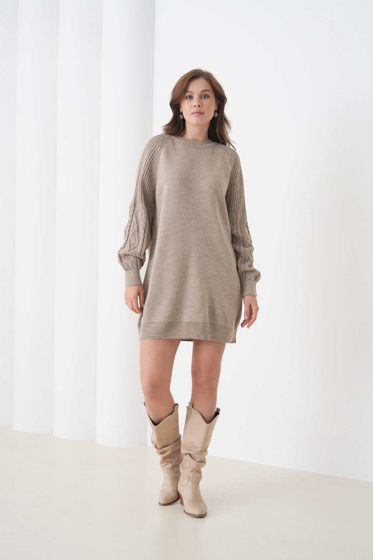 Kadın Kolları Uzun Kendinden Dokulu Bisiklet Yaka Tunik Boy Şık Kışlık Triko Kazak