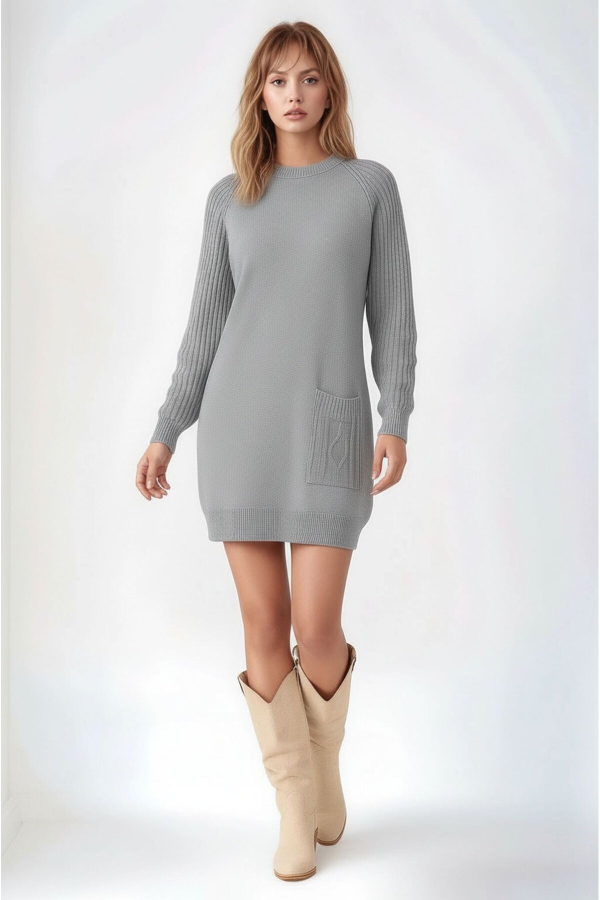 Kadın Kolları Uzun Kendinden Dokulu Bisiklet Yaka Tunik Boy Şık Kışlık Triko Büyük Beden Kazak