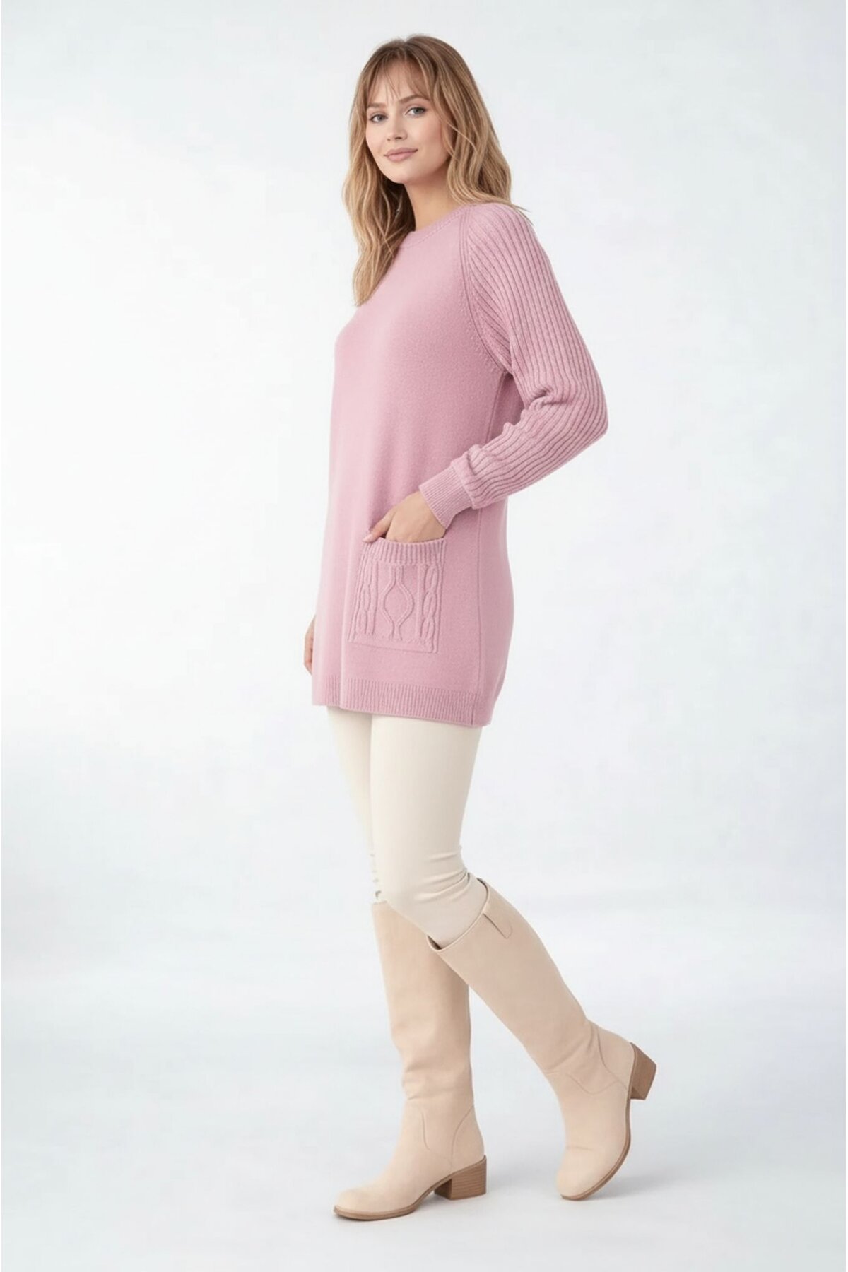 Kadın Kolları Uzun Kendinden Dokulu Bisiklet Yaka Tunik Boy Şık Kışlık Triko Büyük Beden Kazak