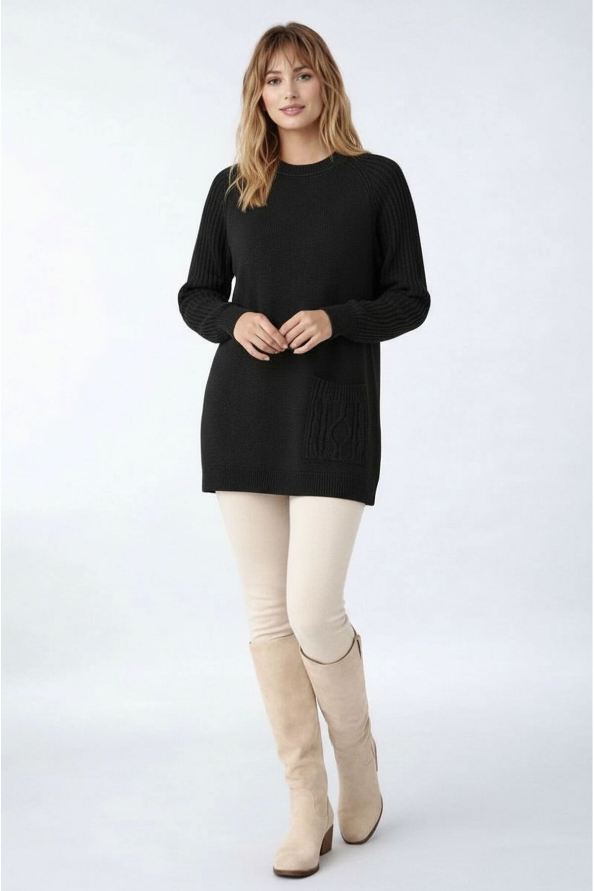 Kadın Kolları Uzun Kendinden Dokulu Bisiklet Yaka Tunik Boy Şık Kışlık Triko Büyük Beden Kazak