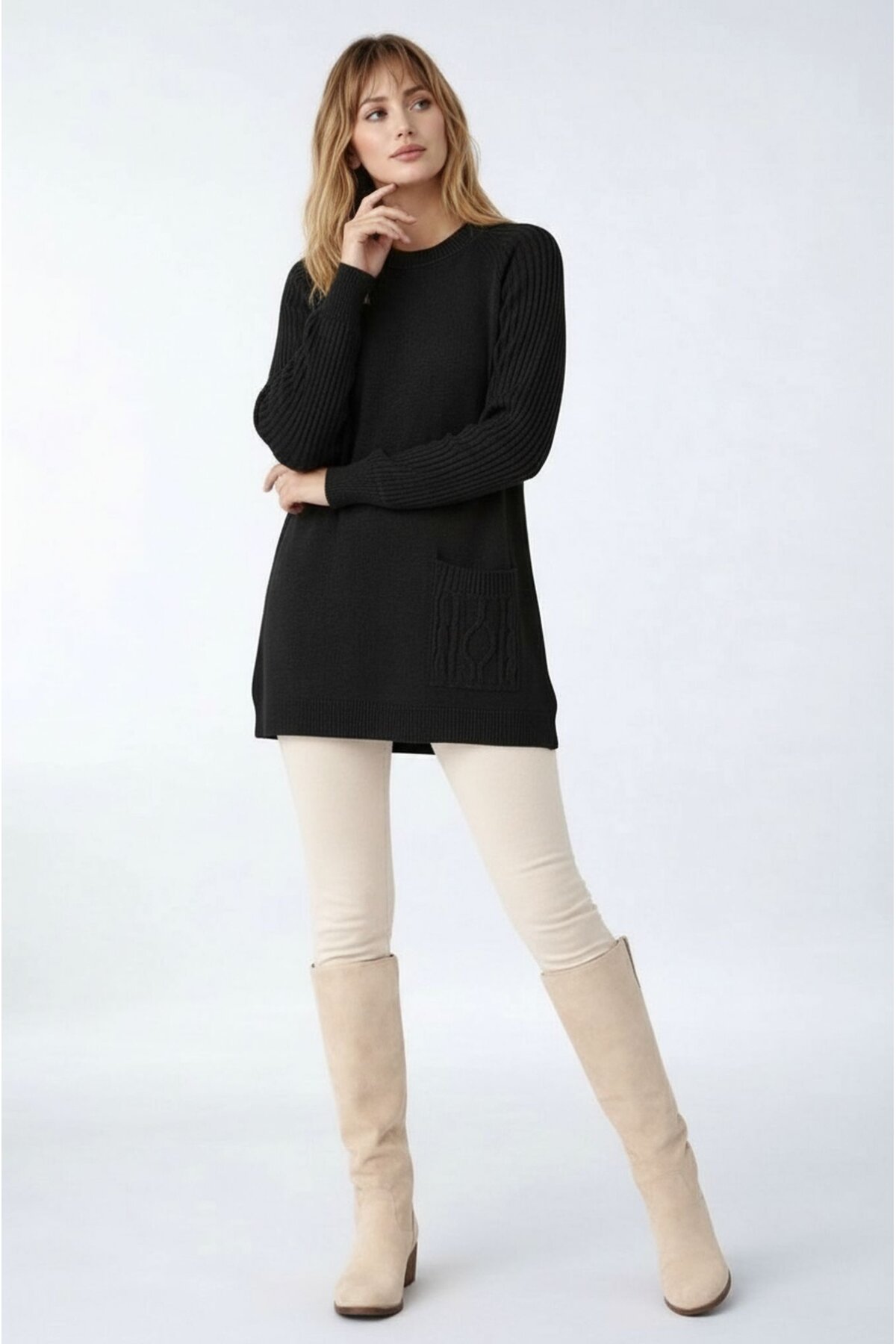 Kadın Kolları Uzun Kendinden Dokulu Bisiklet Yaka Tunik Boy Şık Kışlık Triko Büyük Beden Kazak