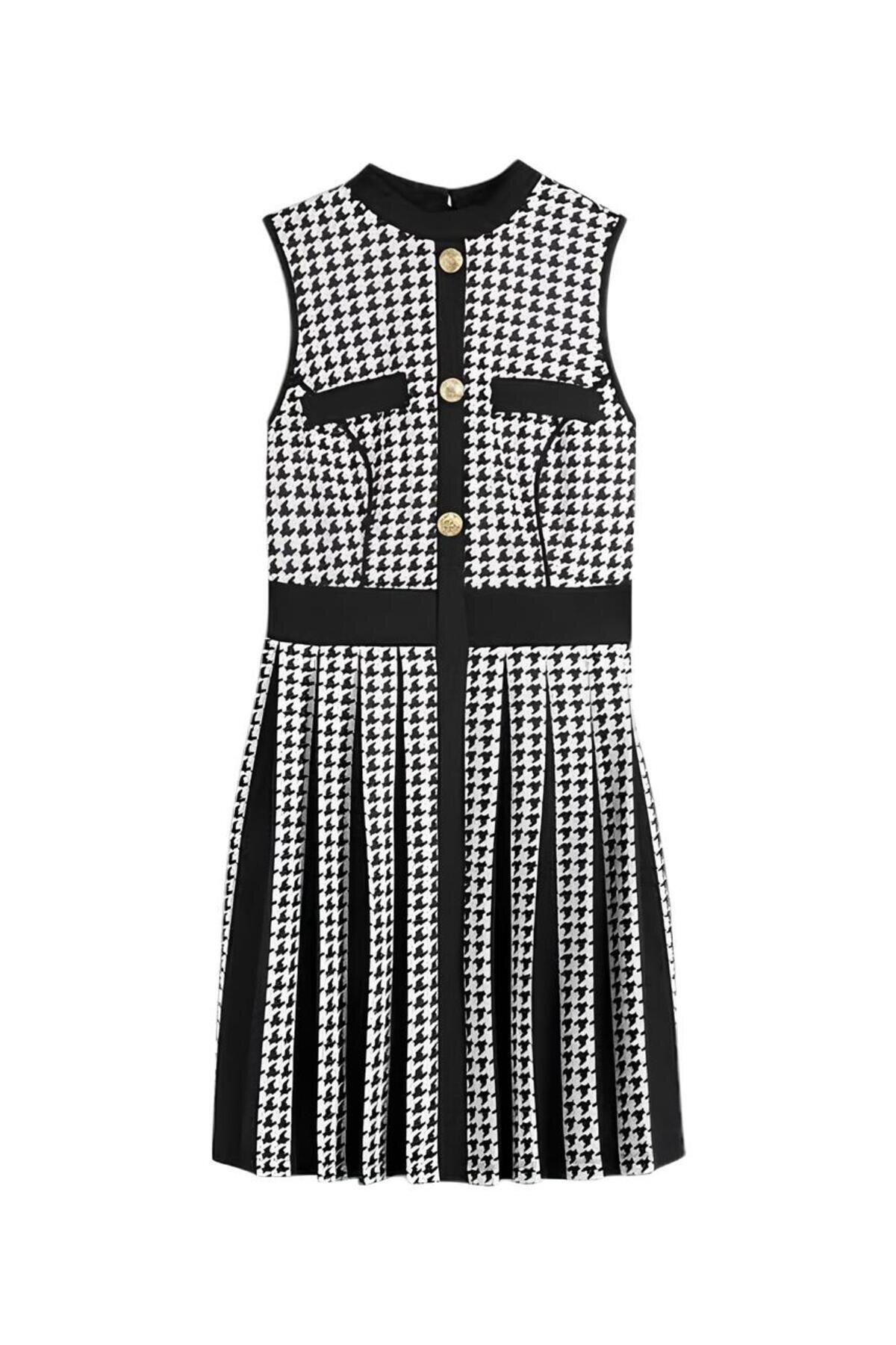 Kadın Kolsuz Çan Etek Kazayağı Desen Düğme Detay Büyük Beden Curve Şık Boy Elbise