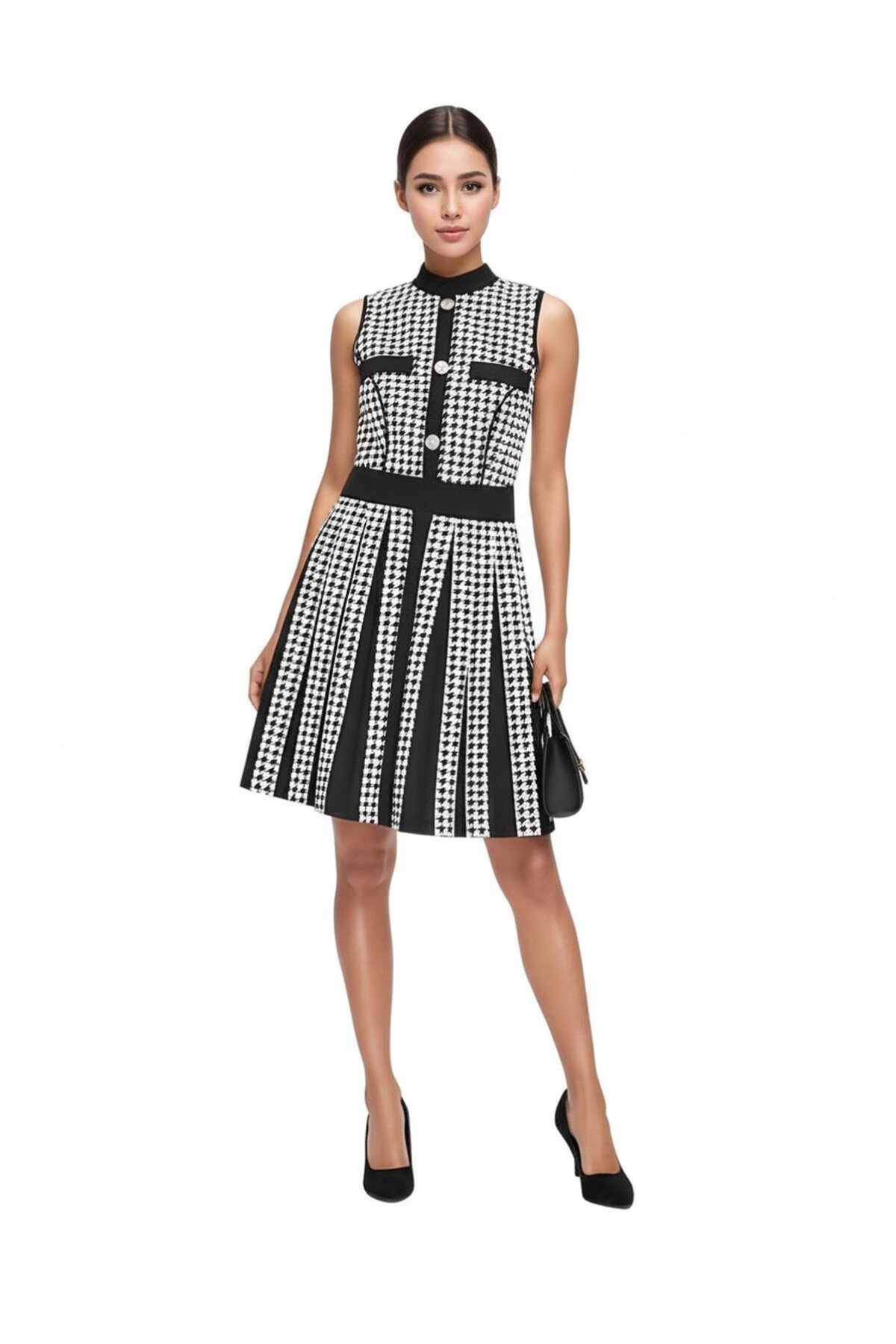 Kadın Kolsuz Çan Etek Kazayağı Desen Düğme Detay Büyük Beden Curve Şık Boy Elbise