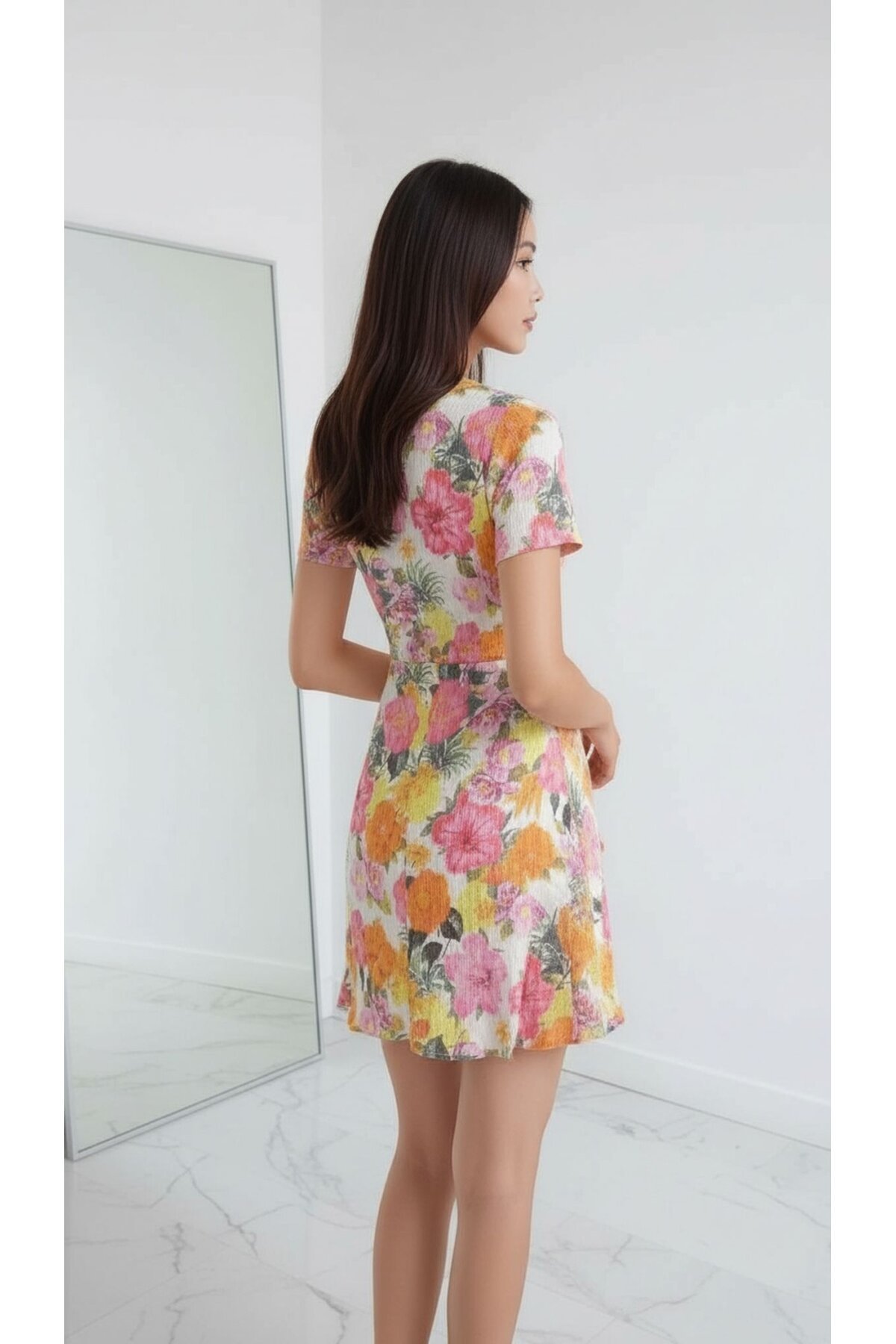 Kadın Kruvaze Yaka Volanlı Etek Bele Oturan Desenli Casual Şık  Mini Elbise