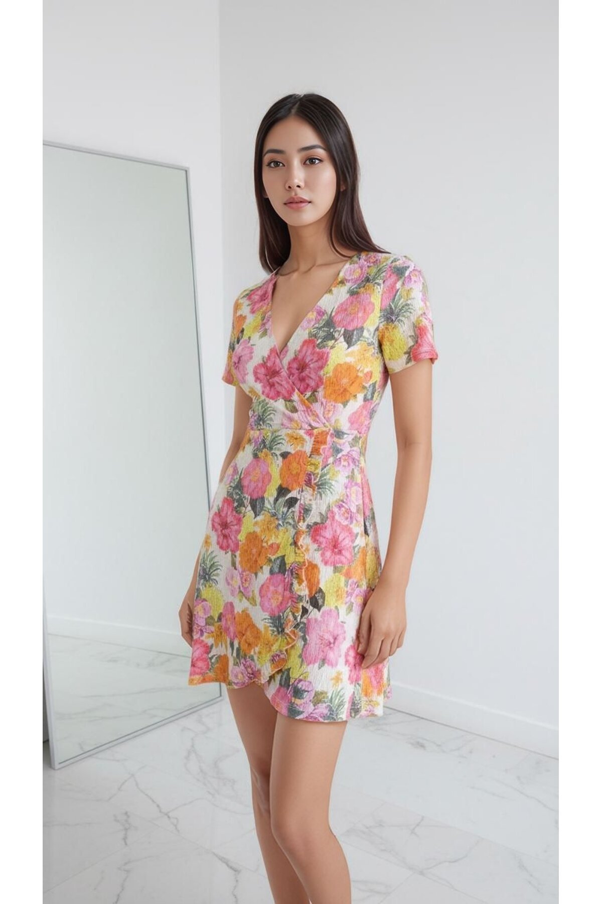 Kadın Kruvaze Yaka Volanlı Etek Bele Oturan Desenli Casual Şık  Mini Elbise