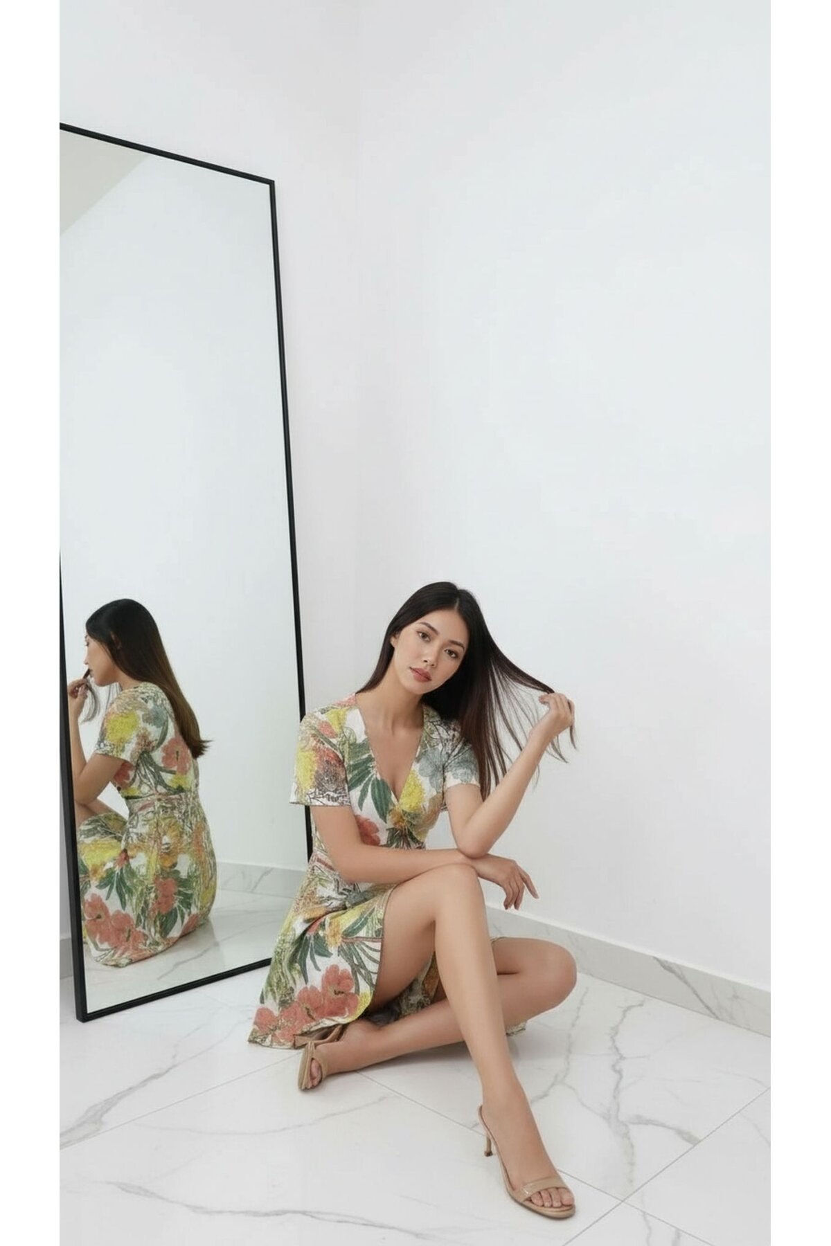 Kadın Kruvaze Yaka Volanlı Etek Bele Oturan Desenli Casual Şık  Mini Elbise