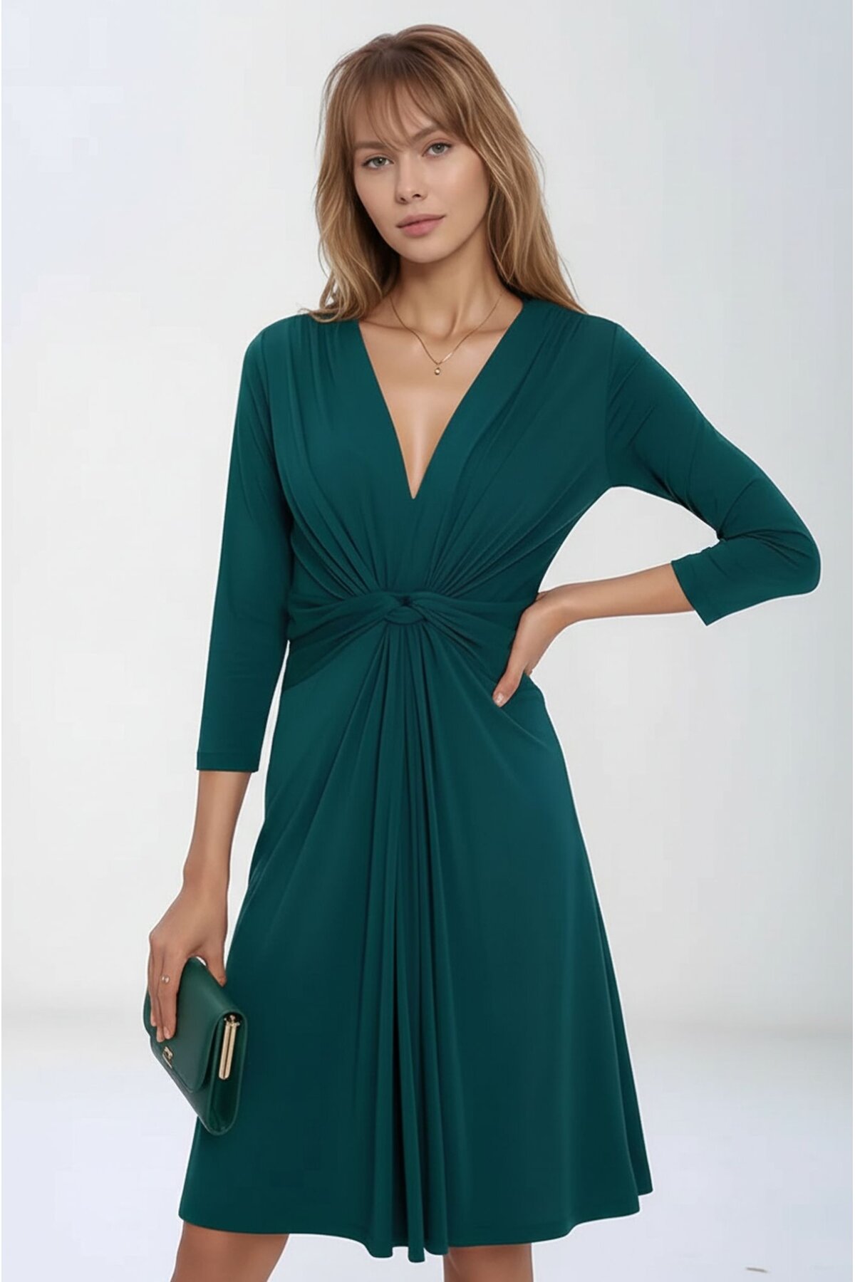 Kadın Önden Düğümlü V Yaka Spor Şık Truvakar Kol Casual Curve Hamile Elbisesi