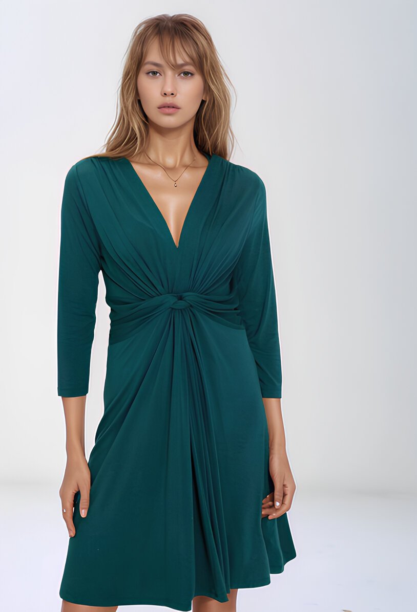 Kadın Önden Düğümlü V Yaka Spor Şık Truvakar Kol Casual Curve Hamile Elbisesi