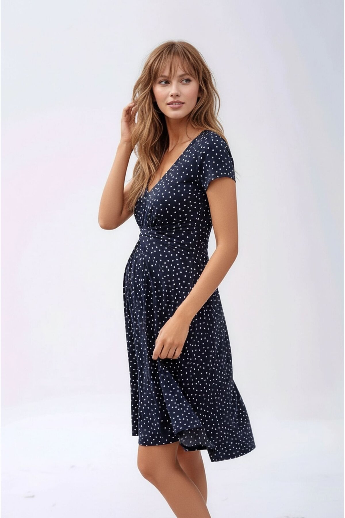 Kadın Önden Düğümlü Viskon Puantiyeli Spor Şık Hamile Elbisesi