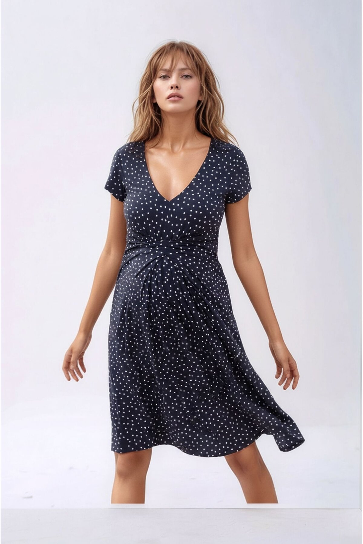 Kadın Önden Düğümlü Viskon Puantiyeli Spor Şık Hamile Elbisesi