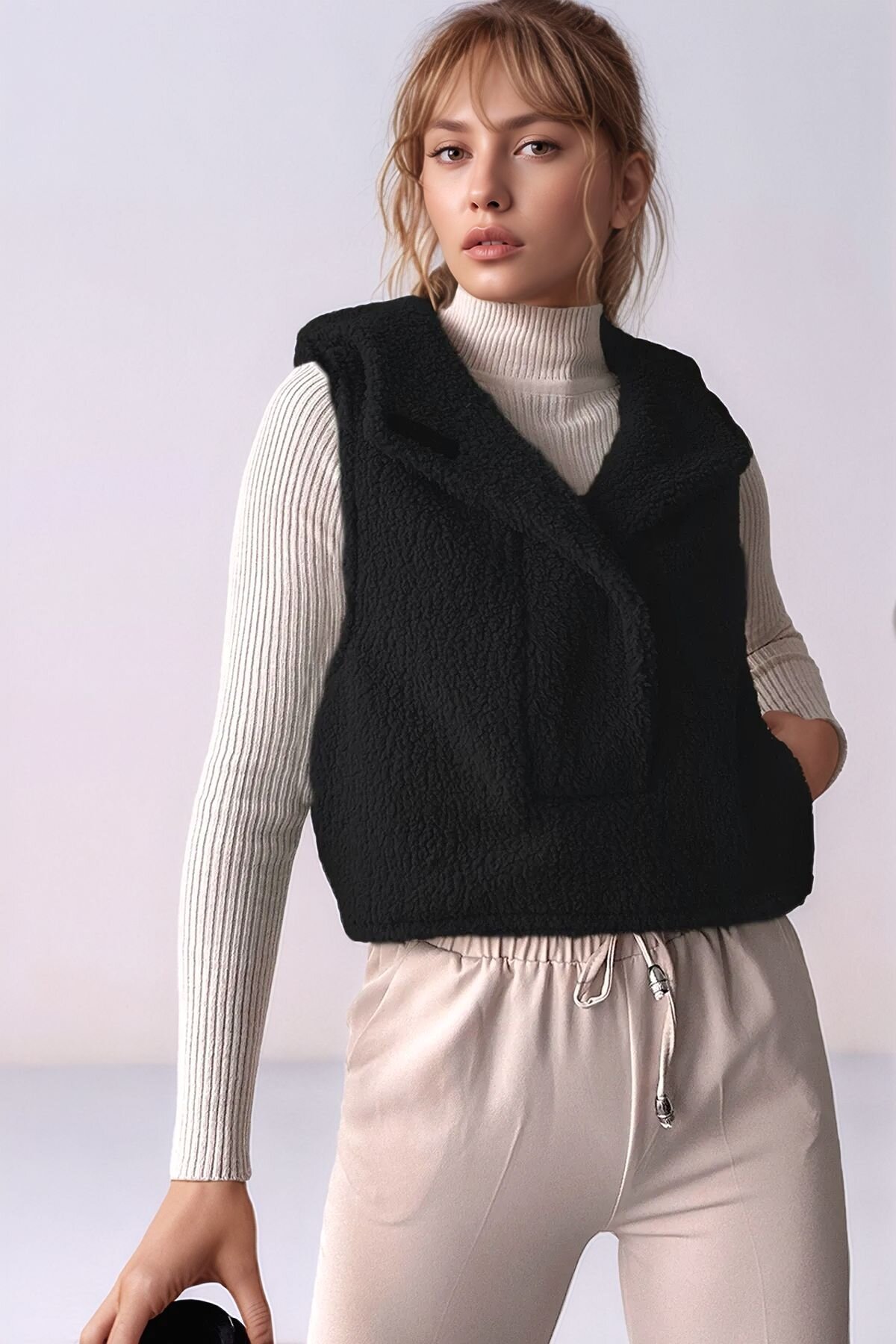 Kadın Önü Çıtçıtlı Kapüşonlu Yan Cepli Tasarım Yaka Spor Şık Crop Peluş Yelek