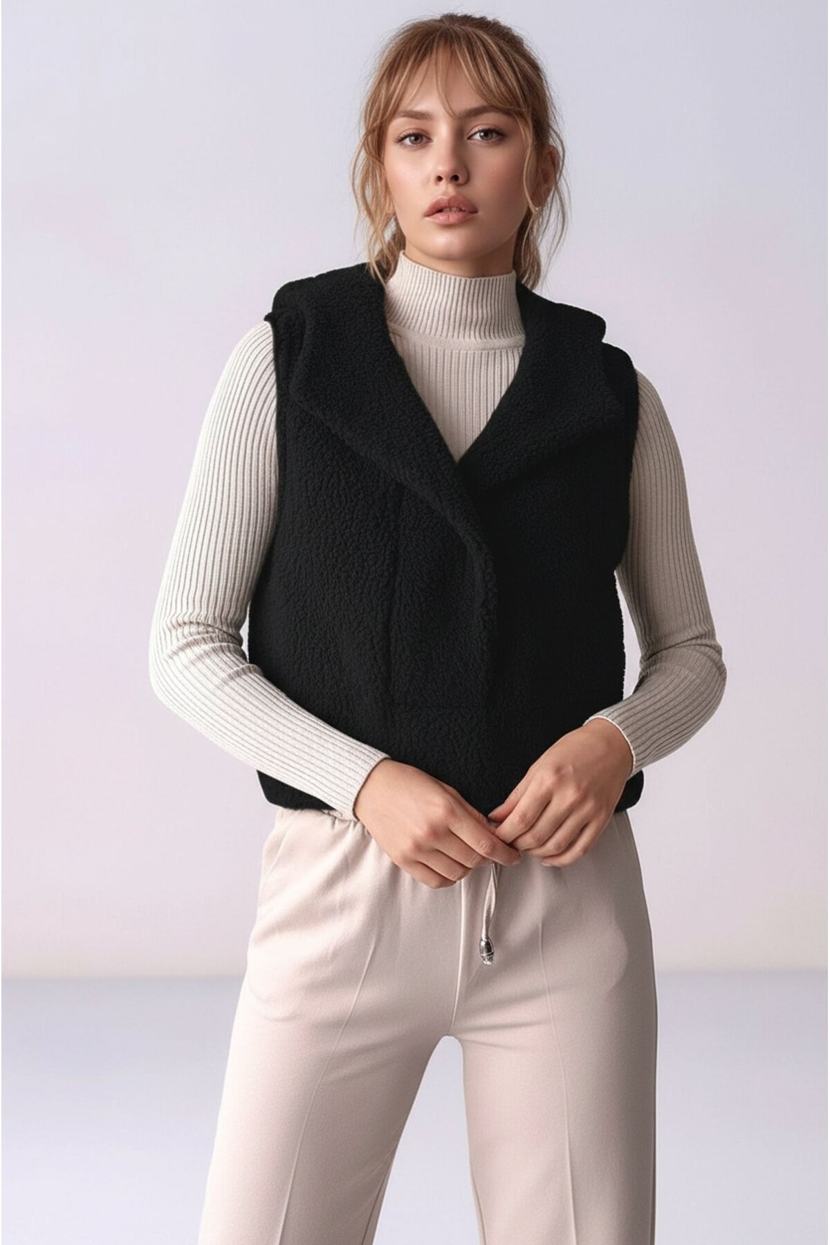 Kadın Önü Çıtçıtlı Kapüşonlu Yan Cepli Tasarım Yaka Spor Şık Crop Peluş Yelek