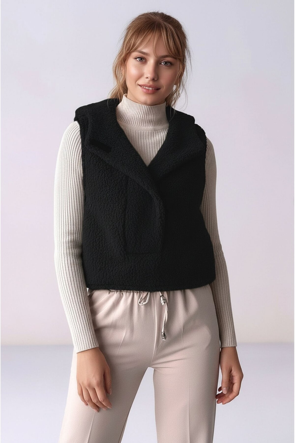 Kadın Önü Çıtçıtlı Kapüşonlu Yan Cepli Tasarım Yaka Spor Şık Crop Peluş Yelek