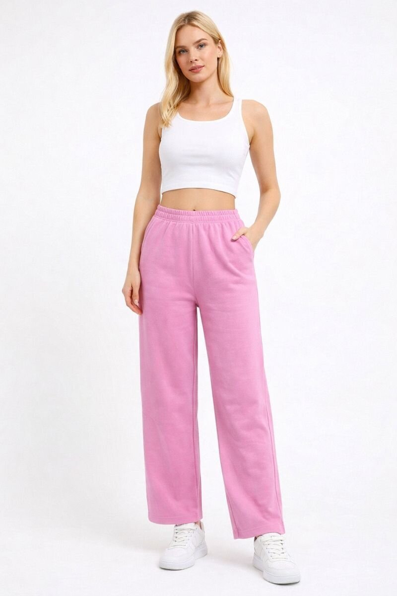 Kadın Orta Yüksek Bel Boru Paça Pamuklu Cepli Lastikli Spor Şık Eşofman Altı