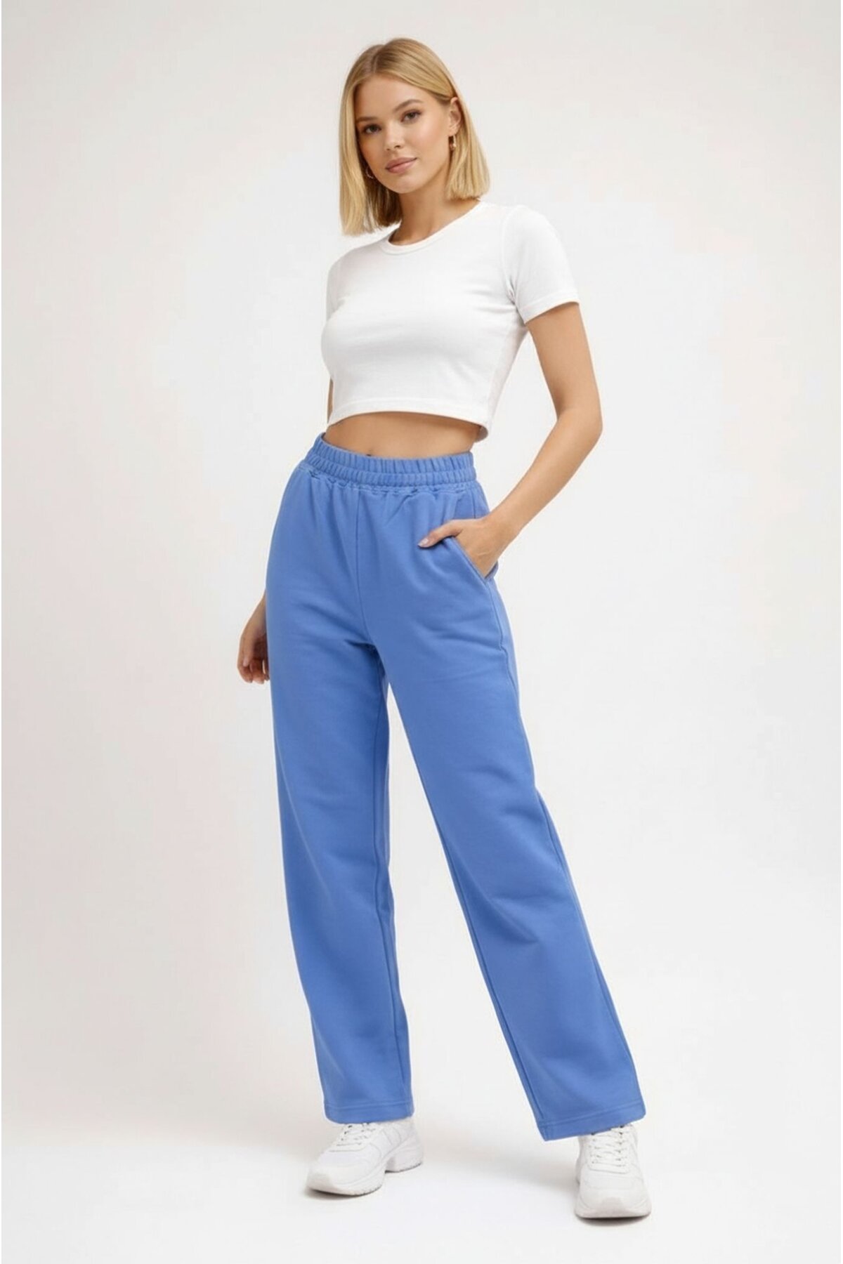 Kadın Orta Yüksek Bel Boru Paça Pamuklu Cepli Lastikli Spor Şık Eşofman Altı