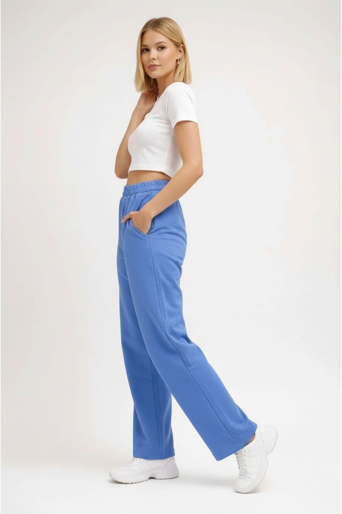 Kadın Orta Yüksek Bel Boru Paça Pamuklu Cepli Lastikli Spor Şık Eşofman Altı