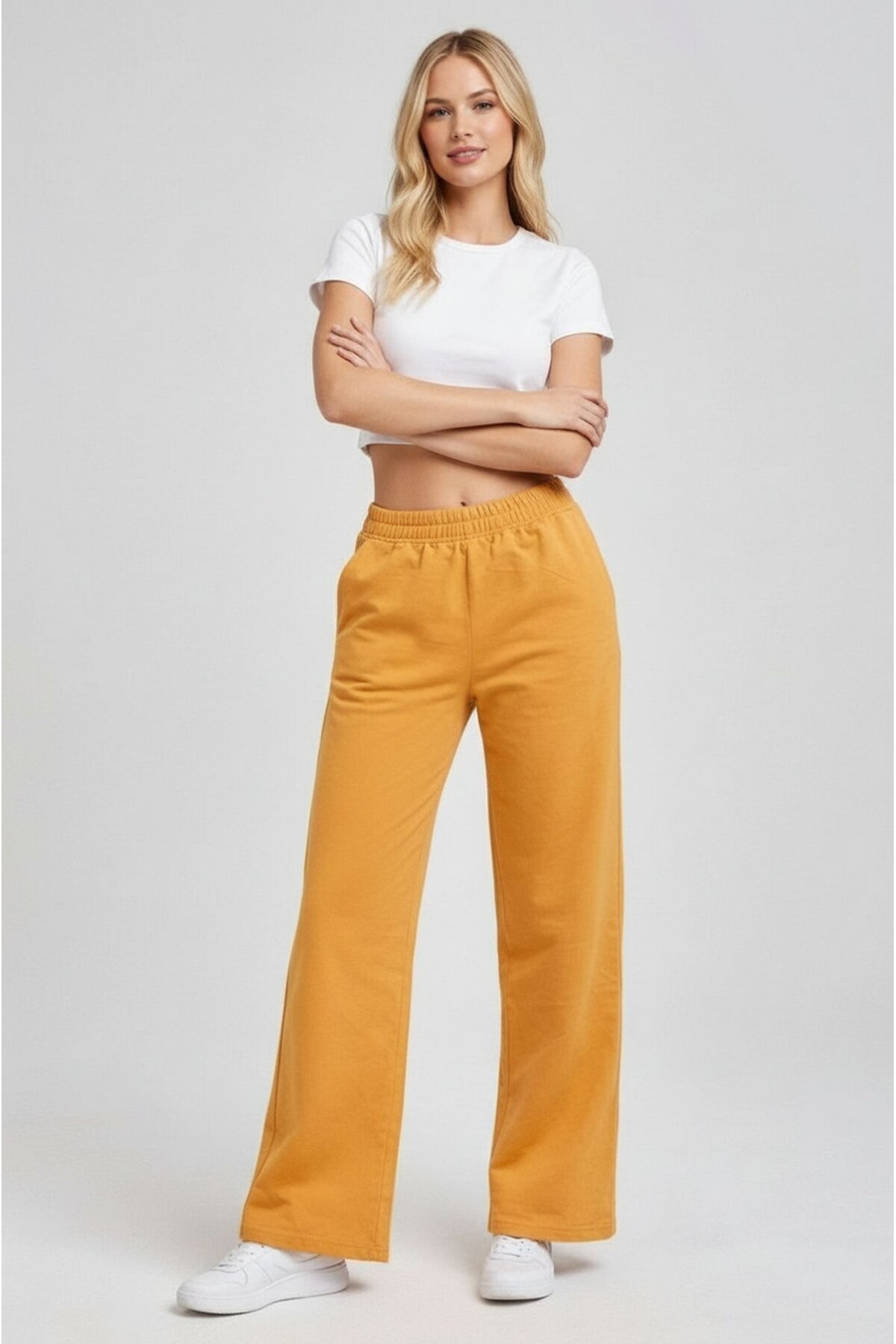 Kadın Orta Yüksek Bel Boru Paça Pamuklu Cepli Lastikli Spor Şık Eşofman Altı